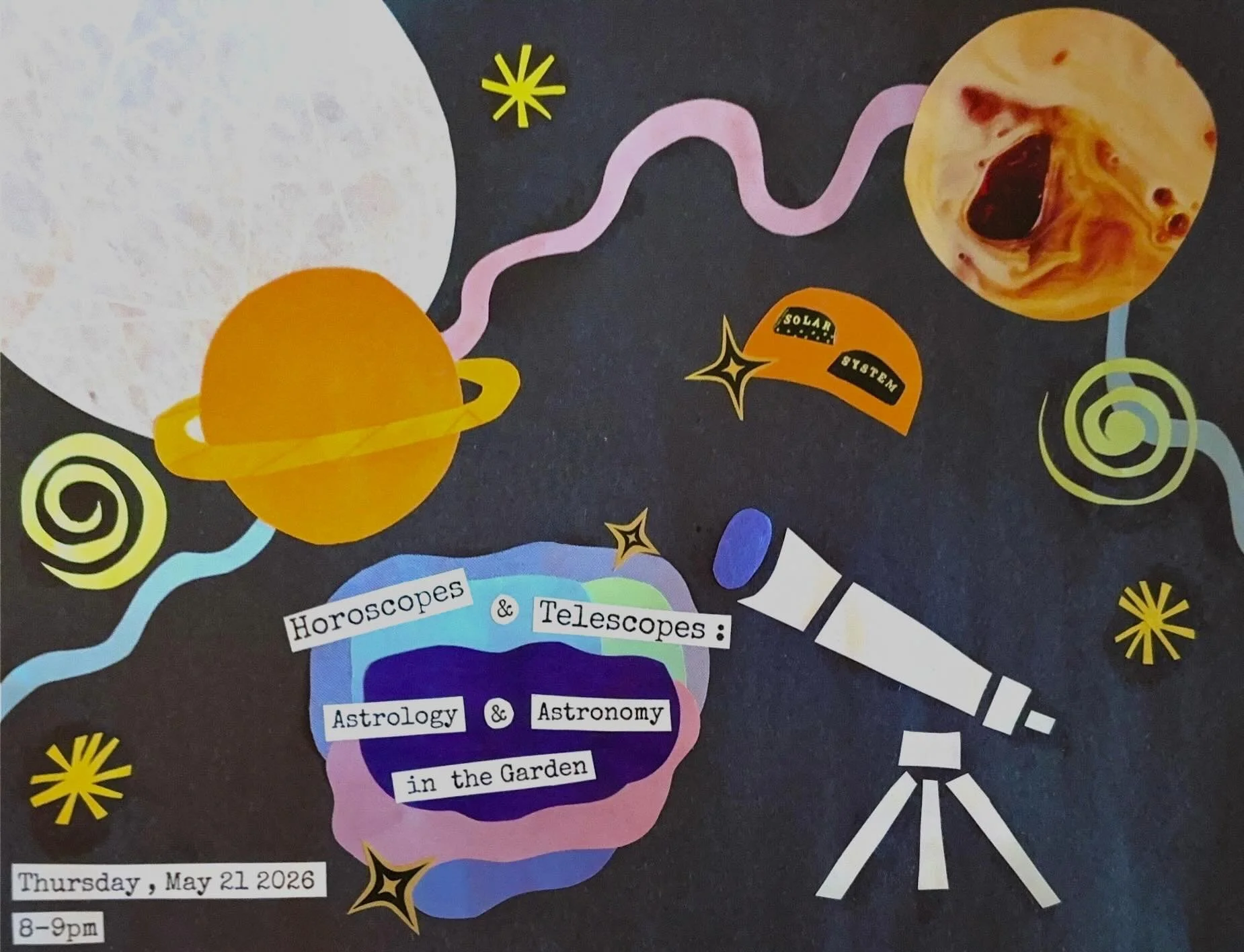 **POSTPONED due to weather**💫🌠🔭 Horoscopes &amp; Telescopes: Astrology &amp; Astronomy in the Garden 🪐🌛🌌

Join us the night of Thursday, May 21st with moon-, planet-, and star-gazing. We&rsquo;ll have several telescopes set up to look at the wa