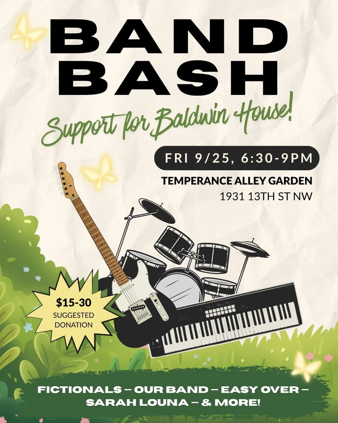 Come listen to local D.C. bands perform at Temperance Alley Garden on Friday 9/25! 🎶🎸

Bring a picnic blanket + snacks to share 🧺🍃

All garden events are free as always! This month, there is a $15 suggested donation for Baldwin House, an affordab