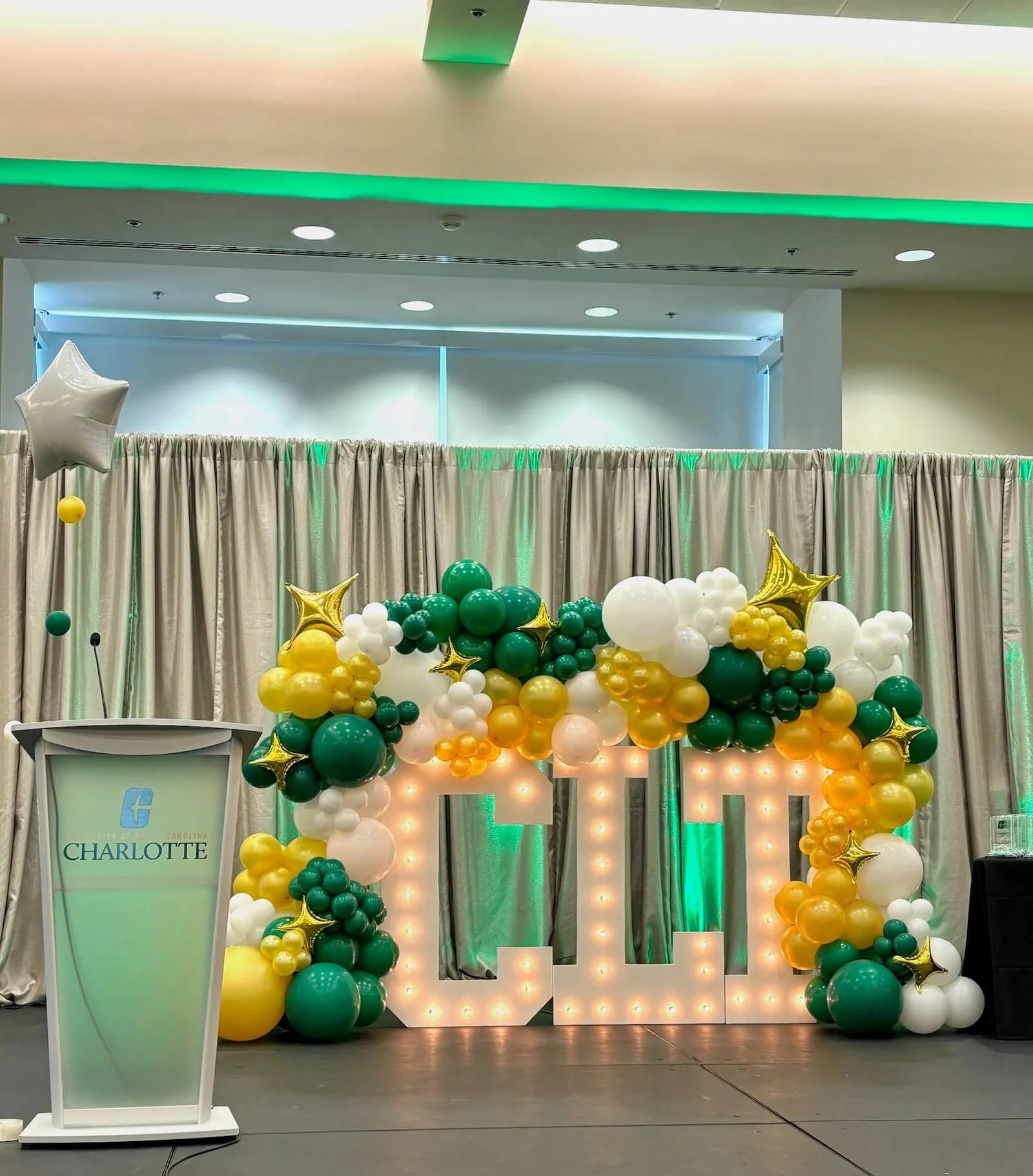 Balloon and marquee letter display for UNCC college event in Charlotte NC by SASHES