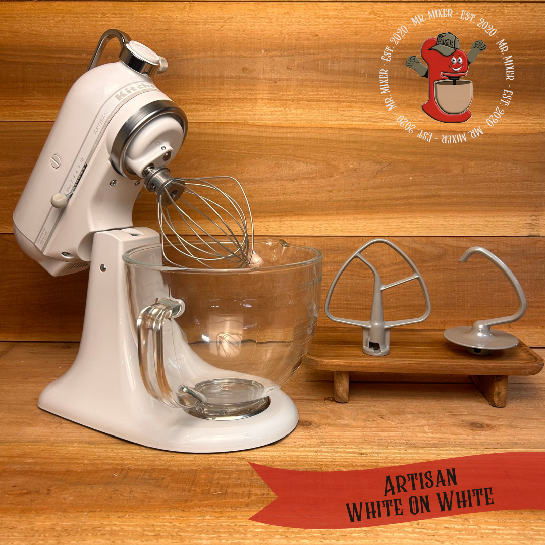 Mr. Mixer Upgraded KitchenAid Artisan (KSM150PSWW) 5 Quart Glass Bowl White On White With Coated Attachments #232