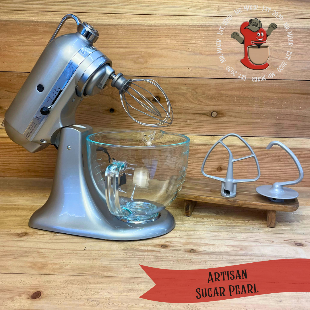 Mr. Mixer Upgraded KitchenAid Artisan (KSM155GBSR) 5 Quart Glass Bowl Sugar Pearl With Coated Attachments #640