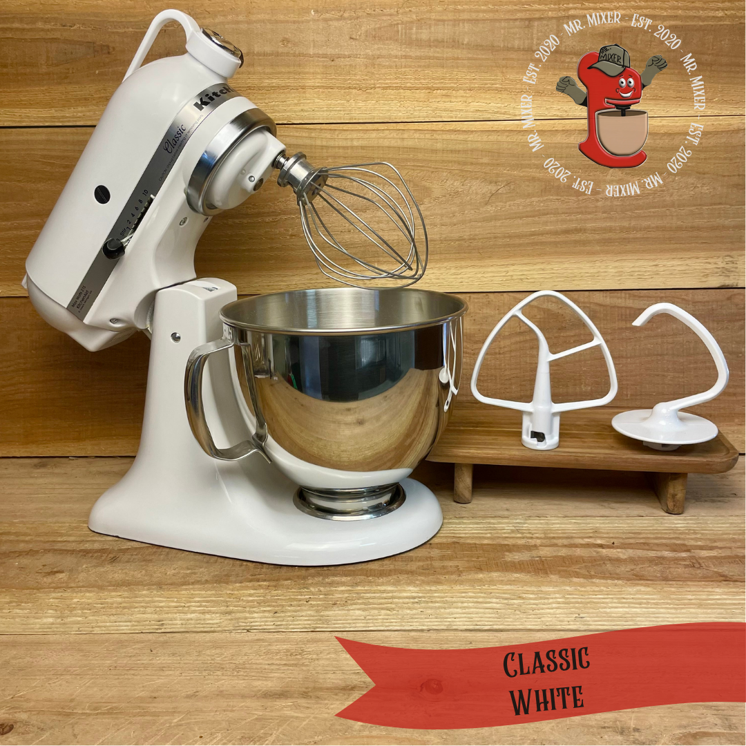 Mr. Mixer Upgraded KitchenAid Classic (K45SSWH0) 5 Quart White With Coated Attachments #592