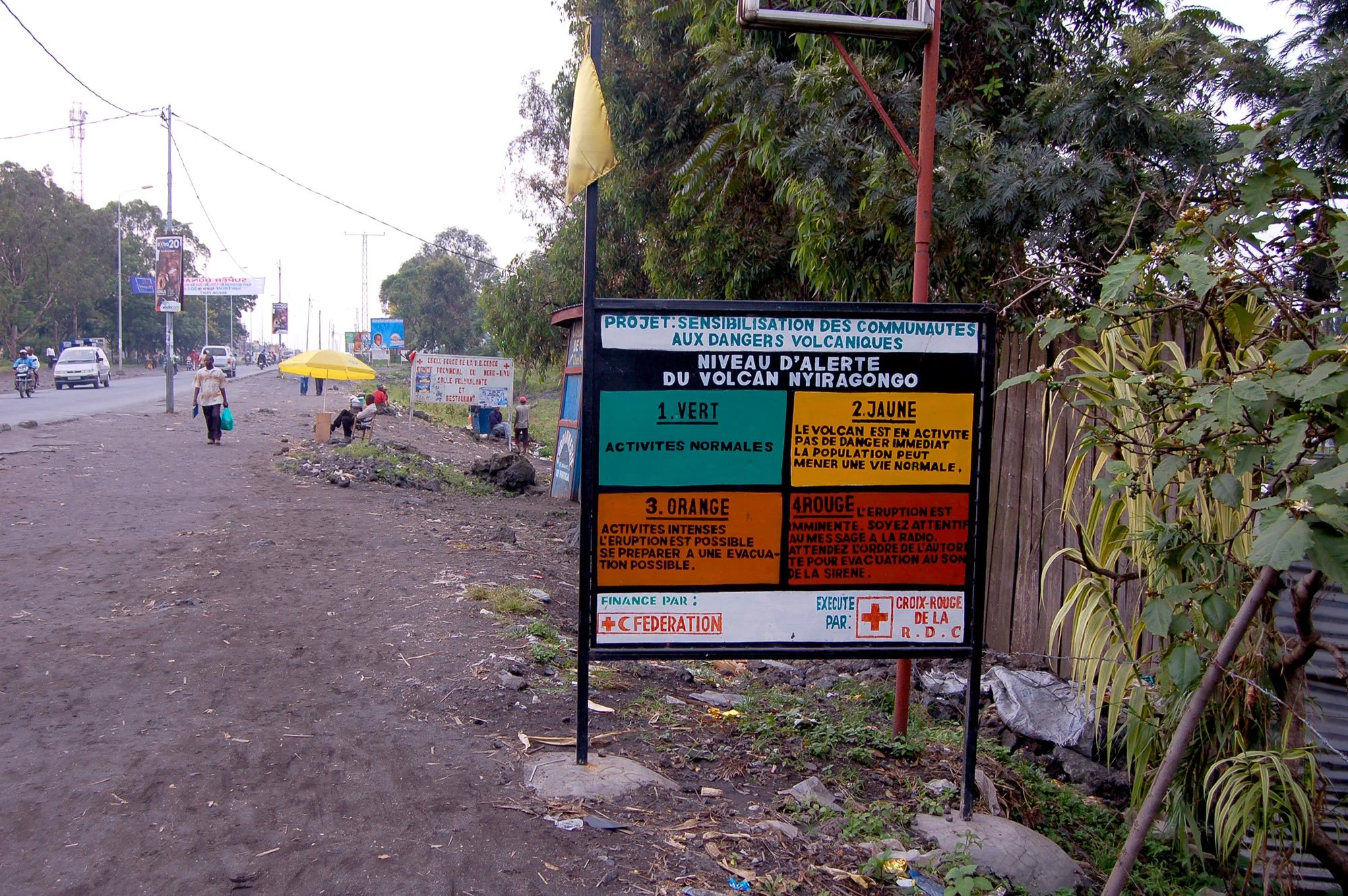  This is Goma's volcano warning system, or at least it was in 2010. Boards all over the city with flags flying to let people know approximately how fucked they are..... 