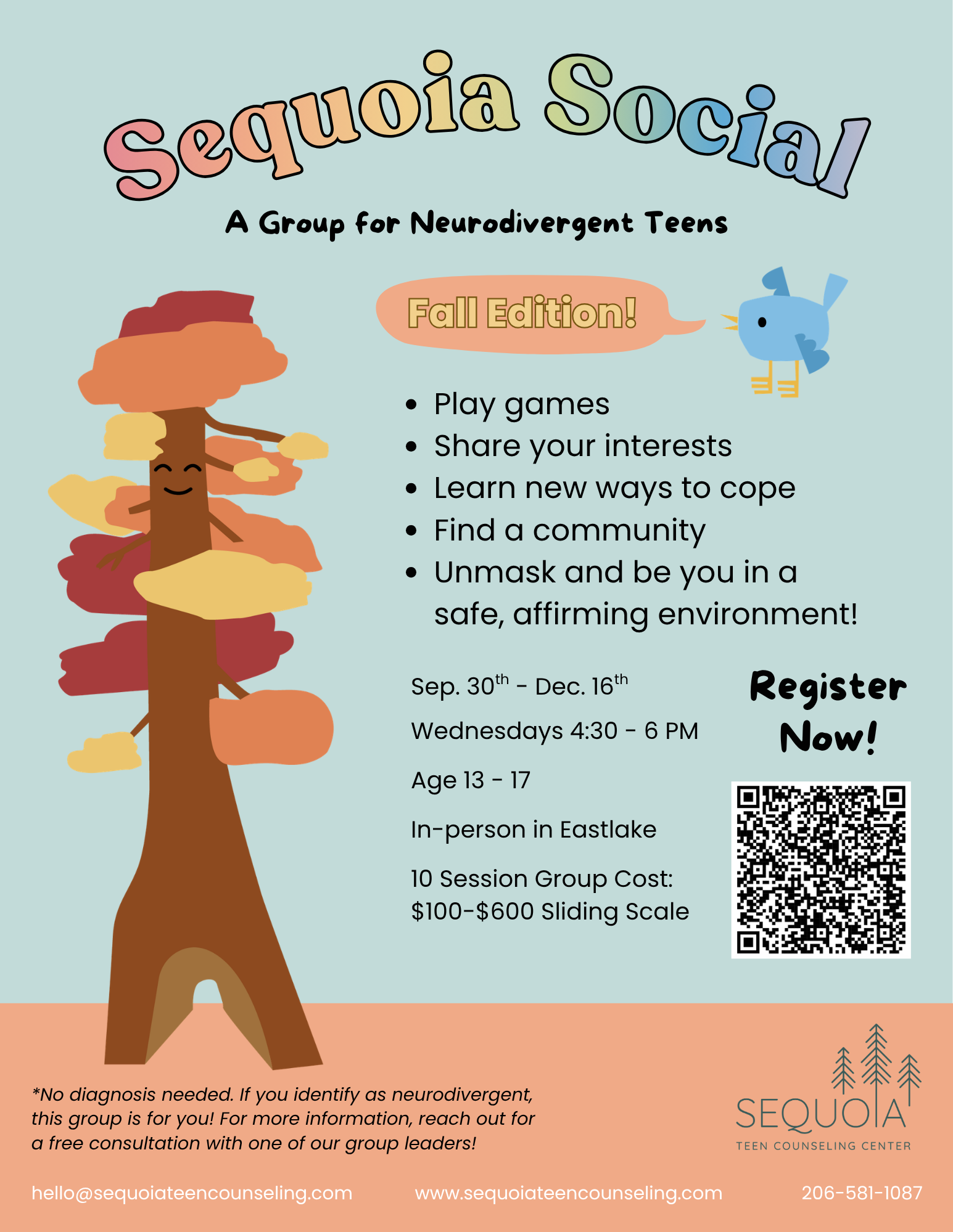 Image of happy Sequoia tree with information on Sequoia Teen Counseling's social group for neurodivergent teenagers in Eastlake, Seattle.