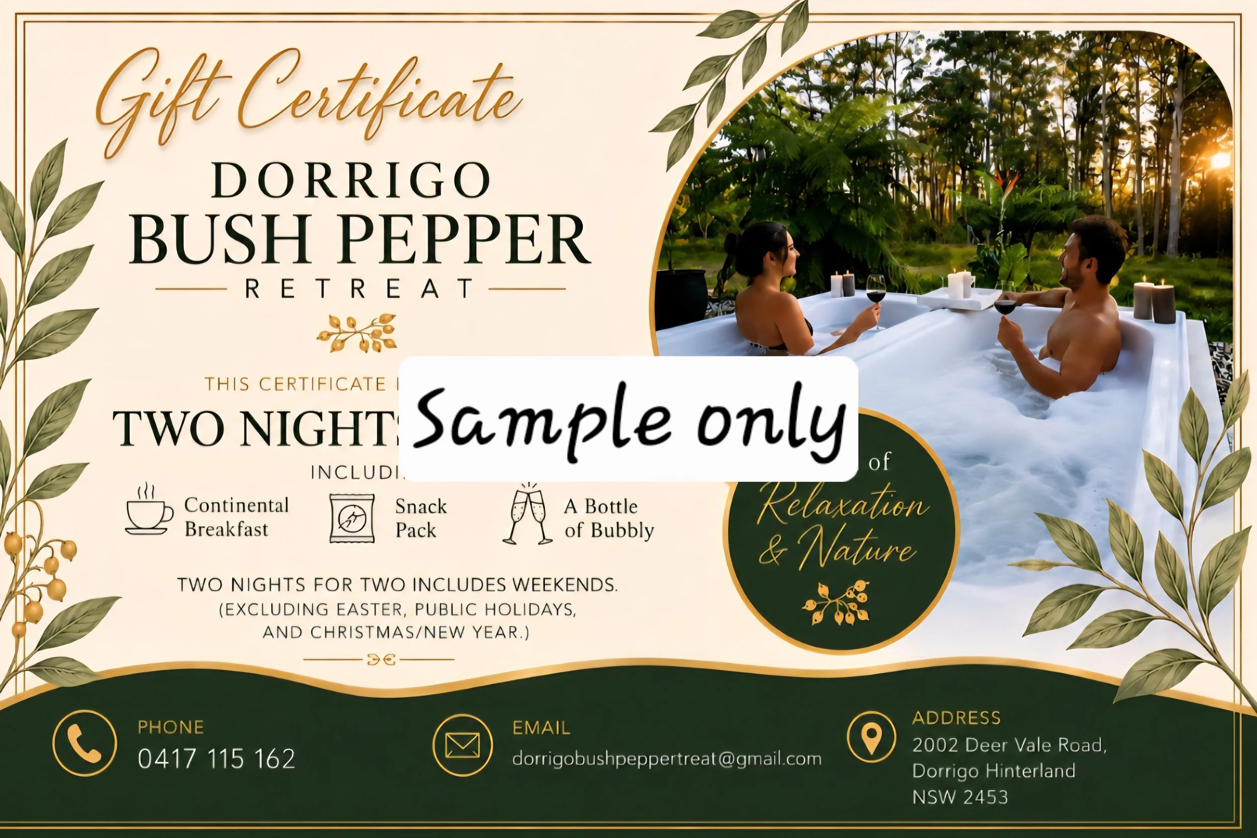 Gift certificate for Dorrigo Bush Pepper Retreat featuring a lush outdoor scene with a couple relaxing in a hot tub surrounded by greenery and trees at sunset.