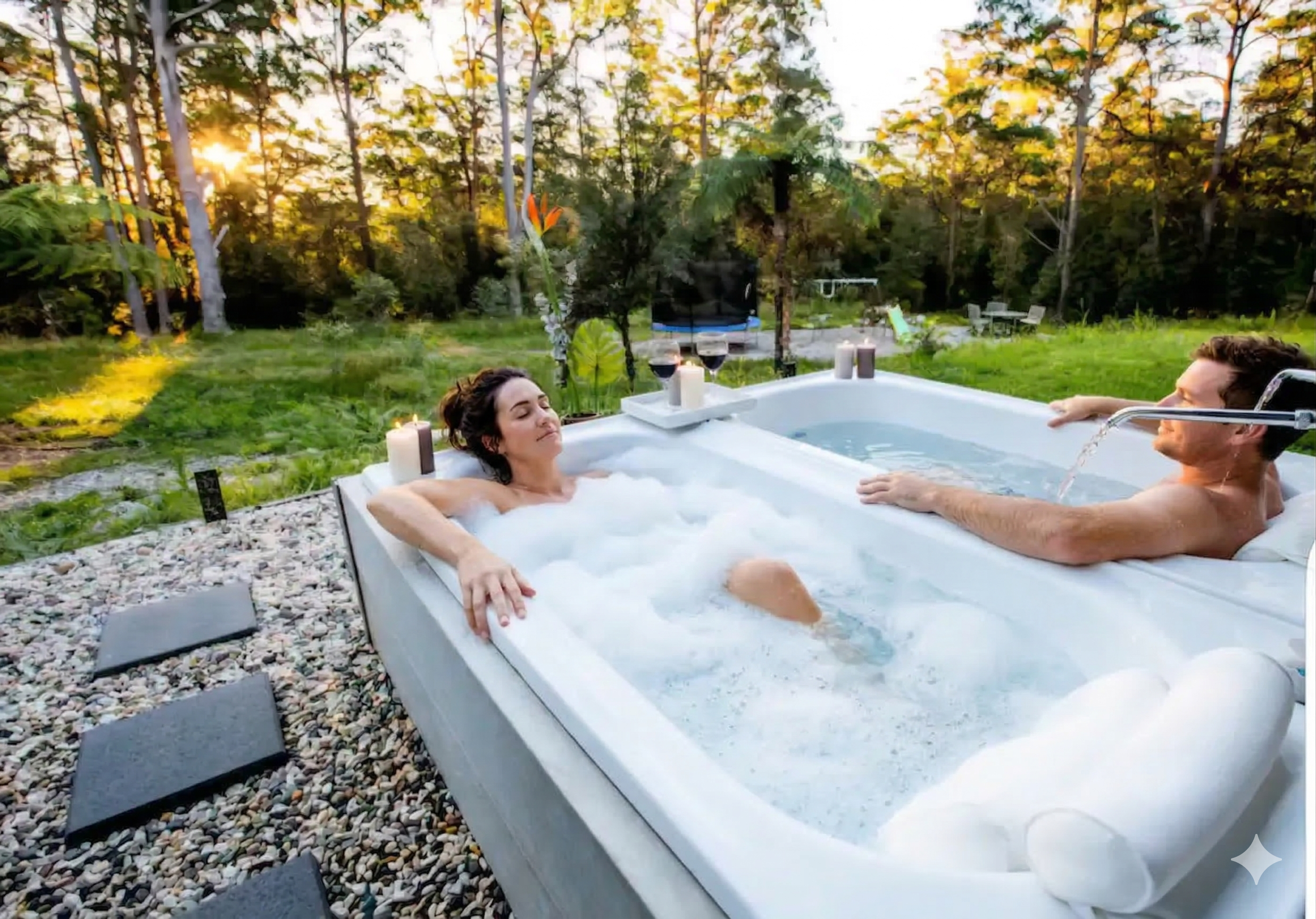 Two people relaxing in a hot tub outdoors at sunset, surrounded by trees and candles.