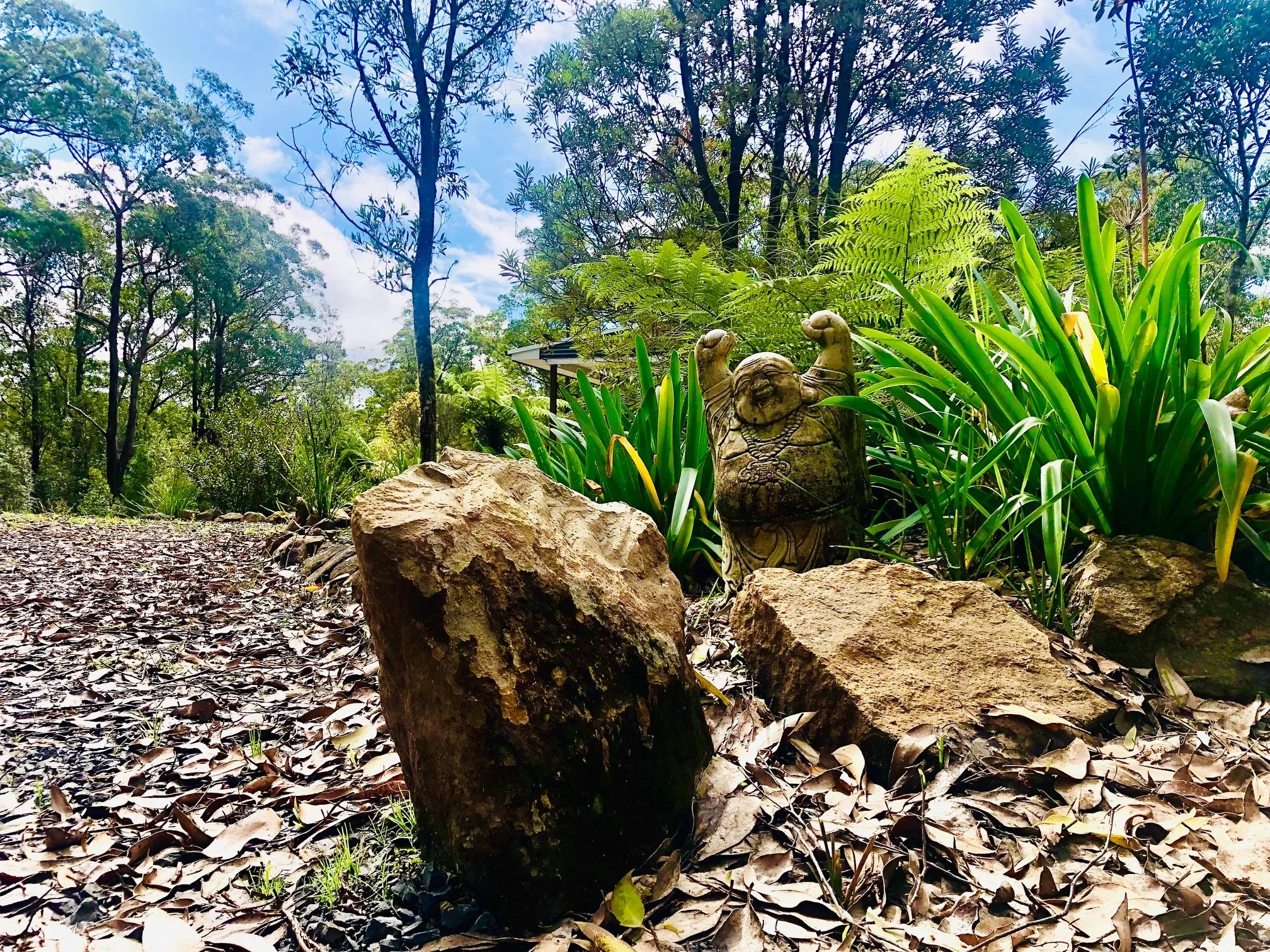 A garden with rocks, leafy plants, and a Buddha statue in a forest setting under a partly cloudy sky.