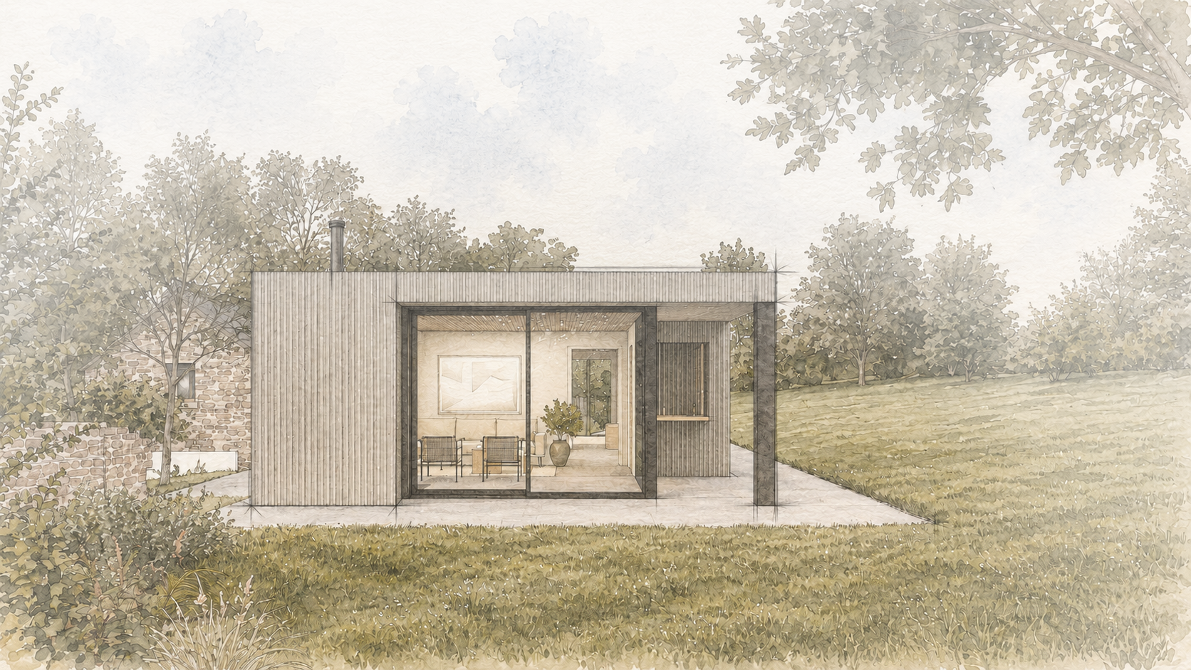 A modern house with large glass sliding doors, surrounded by trees and greenery, with a patio and lawn area.