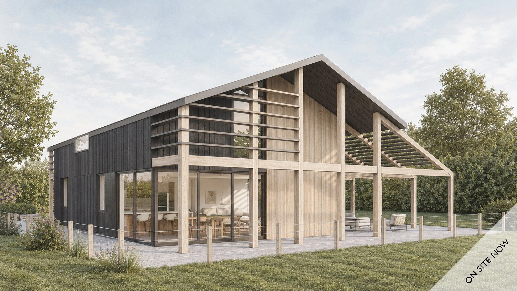 Architectural CGI of Cricket Barn, a contemporary barn-inspired new-build house in Sampford Courtenay, Devon, featuring timber cladding, exposed structural framing and extensive glazing.