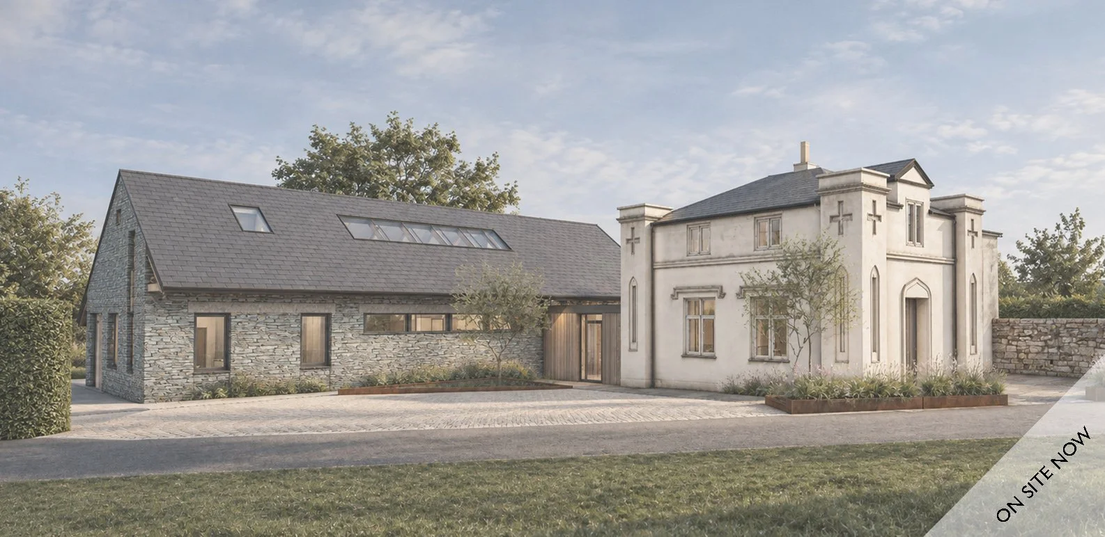Architectural CGI of North Lodge, the historic gatehouse to Lympstone Manor in Devon, showing the renovated lodge and contemporary stone extension connected by a glazed link.