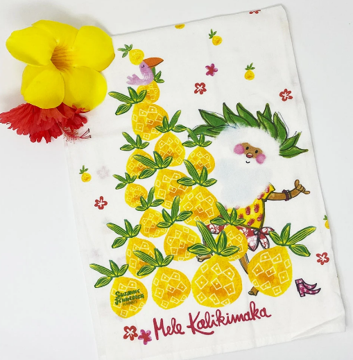 Hawaiian Santa + Pineapple Tree 
Kitchen Towel