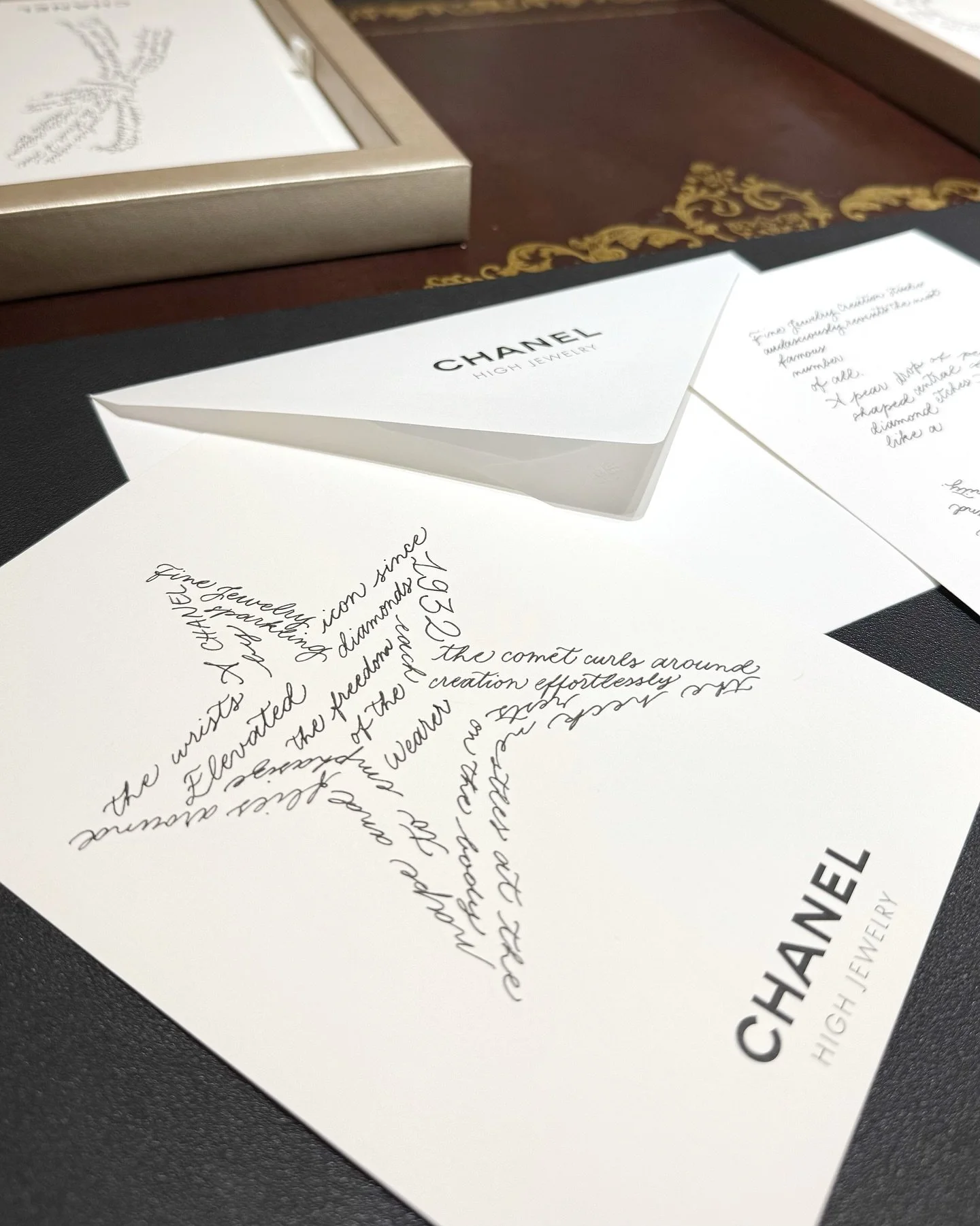 What Chanel guests received at a private event celebrating the pre-opening of the new Zurich boutique ✨

Carefully handwritten calligrams in the shape of an iconic symbol of Chanel, such as the comet, the number 5, and the lion.

Which one would you 