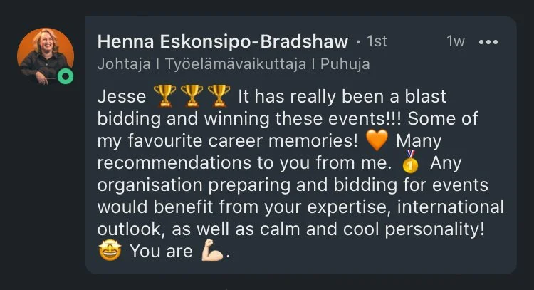 A LinkedIn post from Henna Eskonsipo-Bradshaw celebrating winning bidding events, featuring trophy emojis, a heart emoji, a medal emoji, and a flexed bicep emoji.