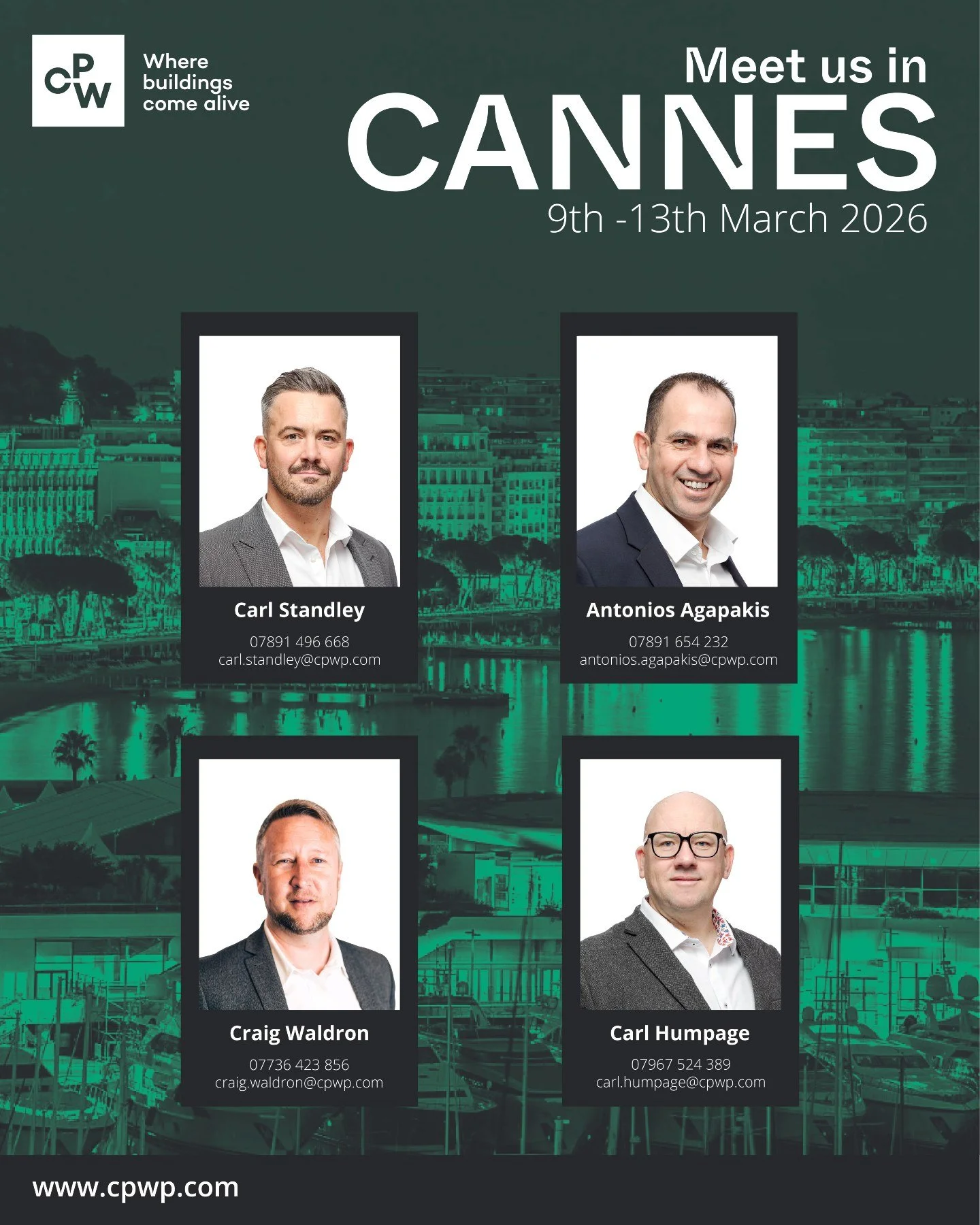 We're excited to be back at MIPIM this year for another year of built environment networking! 📢

Representing CPW in Cannes, you will find:
- Carl Standley
- Antonios Agapakis
- Craig Waldron
- Carl Humpage

If you're planning to attend and would li