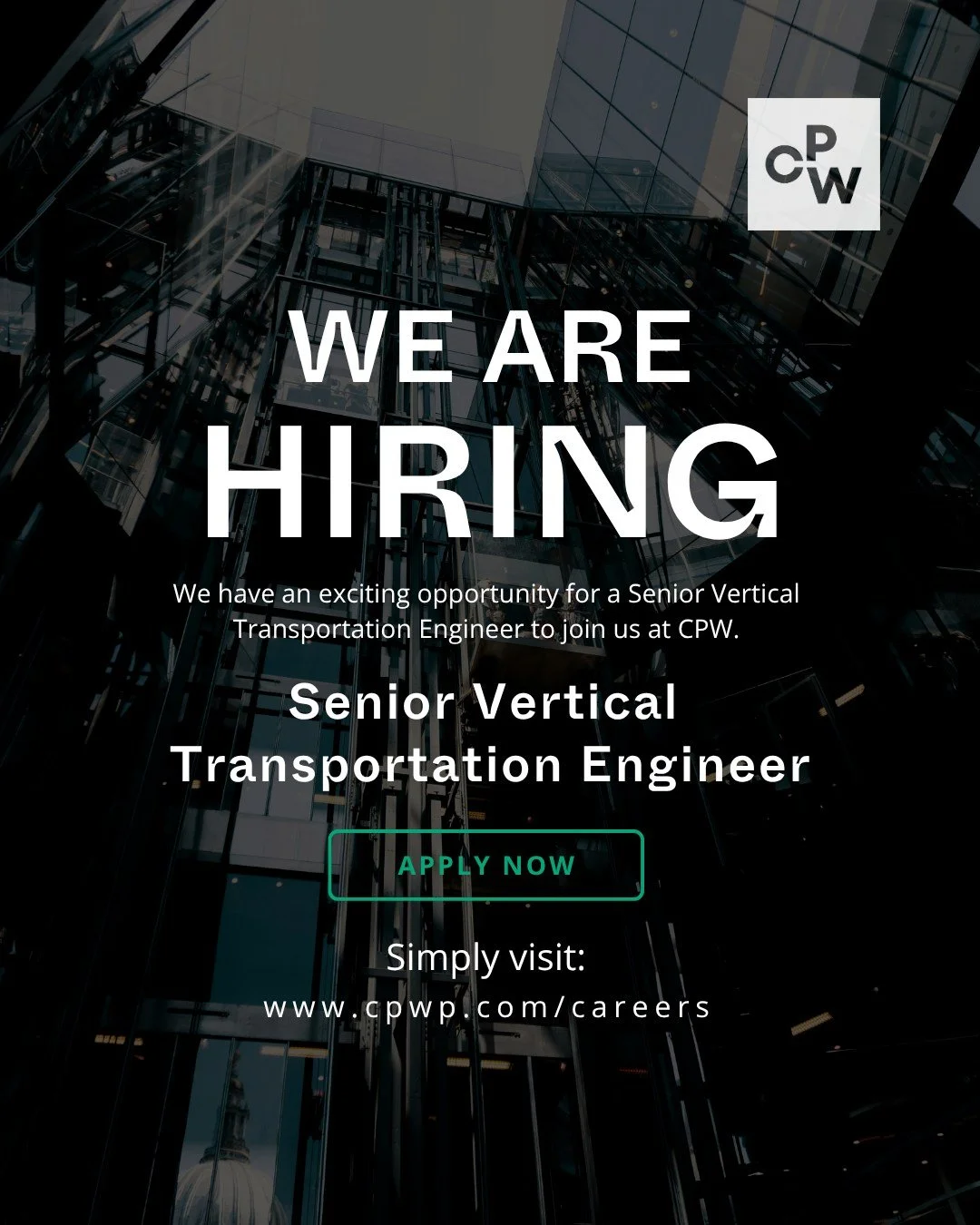 We&rsquo;re growing our Vertical Transportation team! 🚀

We have an exciting opportunity for a Senior Vertical Transportation Engineer to join us at CPW, working alongside some of the industry&rsquo;s most experienced and respected engineers.

This 