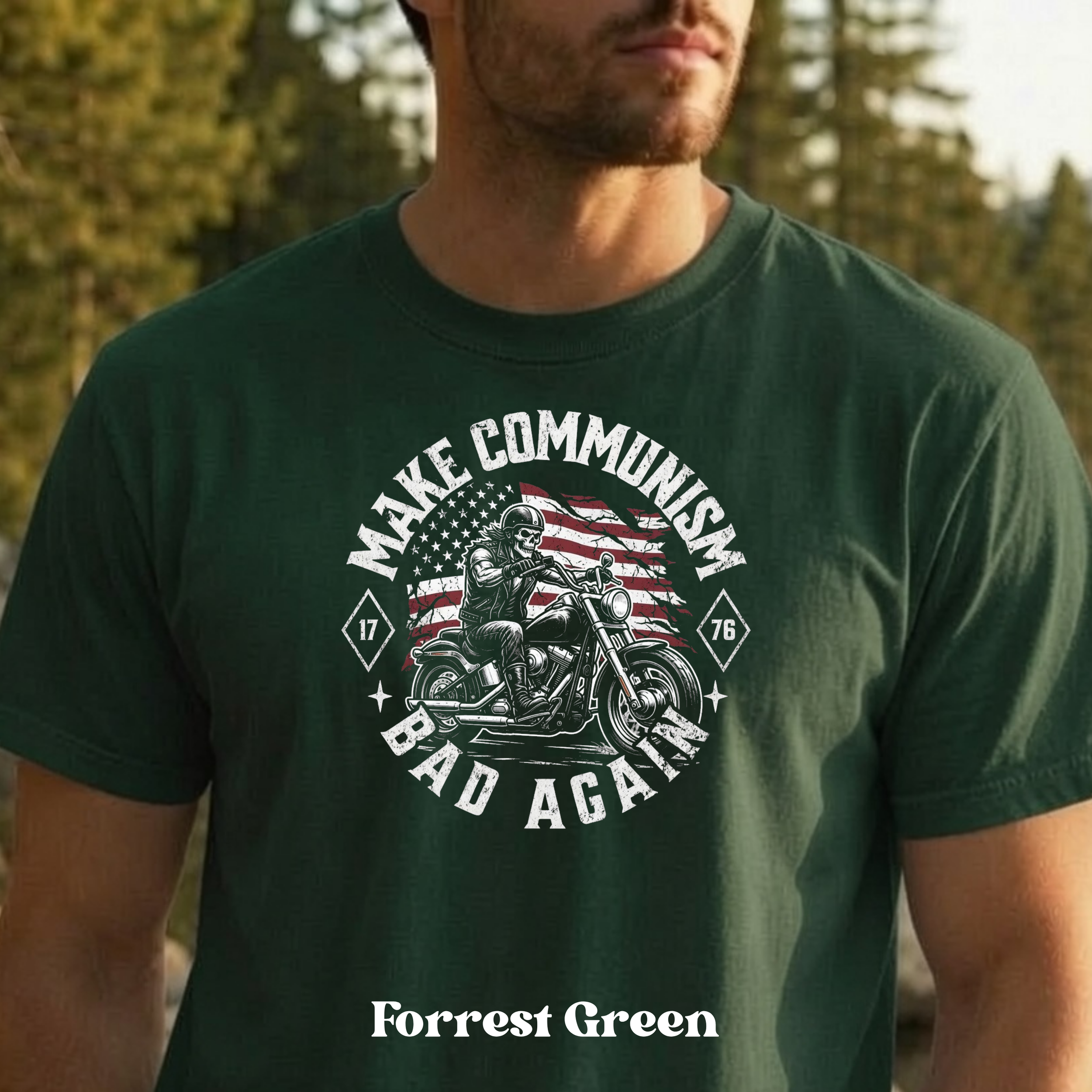 Make Communism Bad Again vintage knockout biker design on forrest green t-shirt
