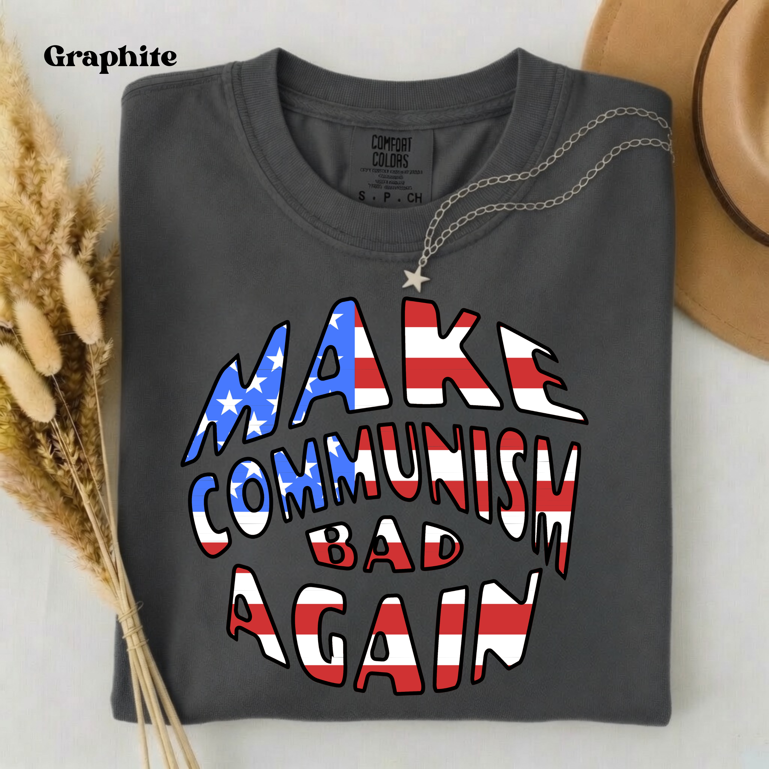 Graphite Comfort Colors 1717 t-shirt featuring the Make Communism Bad Again design with American flag stars and stripes lettering