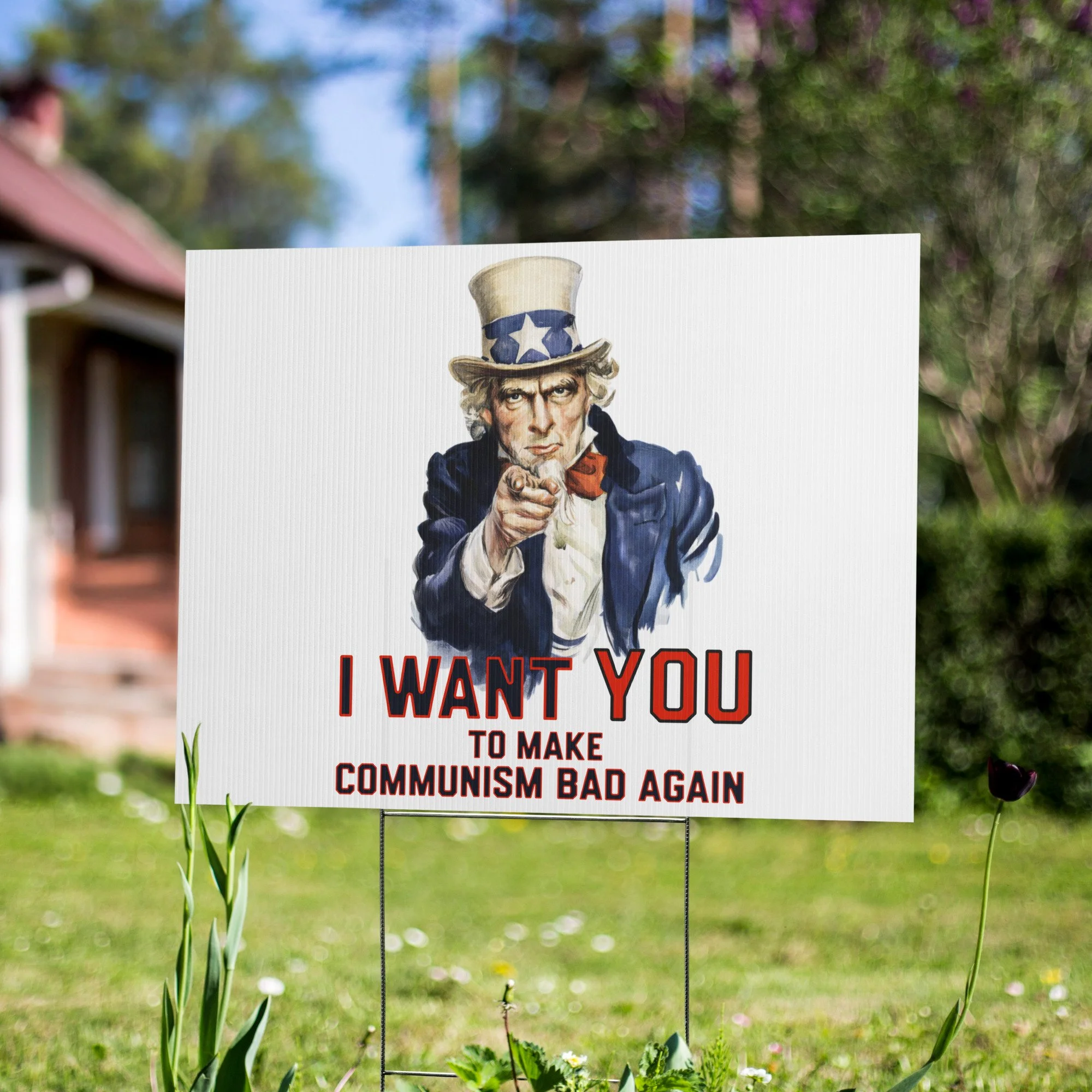 18x24 landscape yard sign featuring classic Uncle Sam pointing with the text “I Want You To Make Communism Bad Again