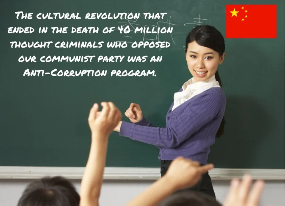 A female teacher standing in front of a blackboard with children raising their hands. The blackboard has a message about the cultural revolution in China, mentioning 40 million thought criminals, the Chinese flag in the top right corner, and the text is written in white chalk.