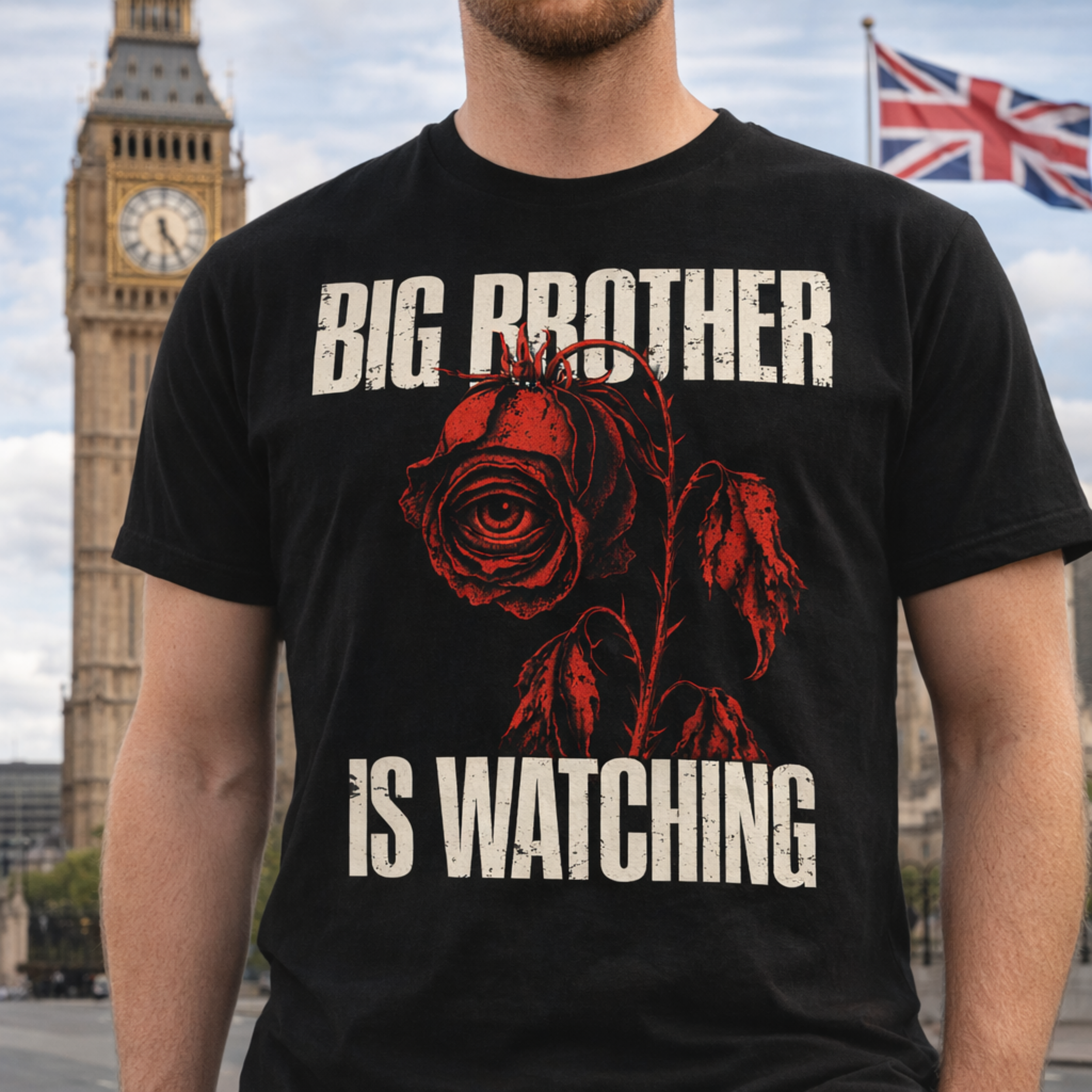 Big Labour Is Watching – Dystopian Labour Rose Vintage Washout T-Shirt | Orwellian Tee for UK Patriots & Veterans