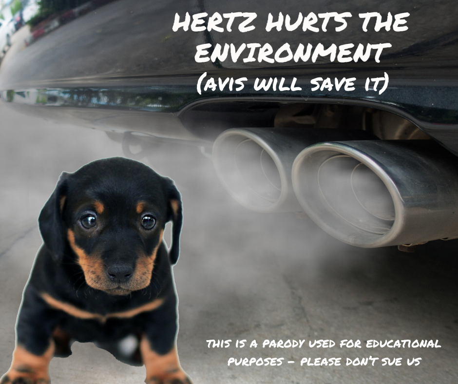 A black and tan puppy sitting in front of a car's exhaust pipe with a message about environmental impact.