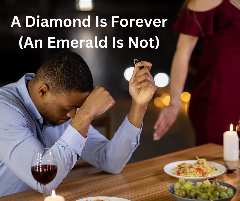 A man dressed in a light blue shirt sits at a dining table with a glass of red wine, holding a ring in his right hand, with a pained or distressed expression. There are candles, a bowl of grapes, and a plate of pasta with cherry tomatoes on the table. A woman in a dark red dress stands nearby, partially visible.