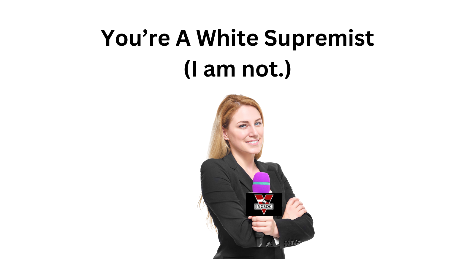 A woman with blonde hair holding a microphone with a black and red logo, wearing a black blazer, smiling against a white background.