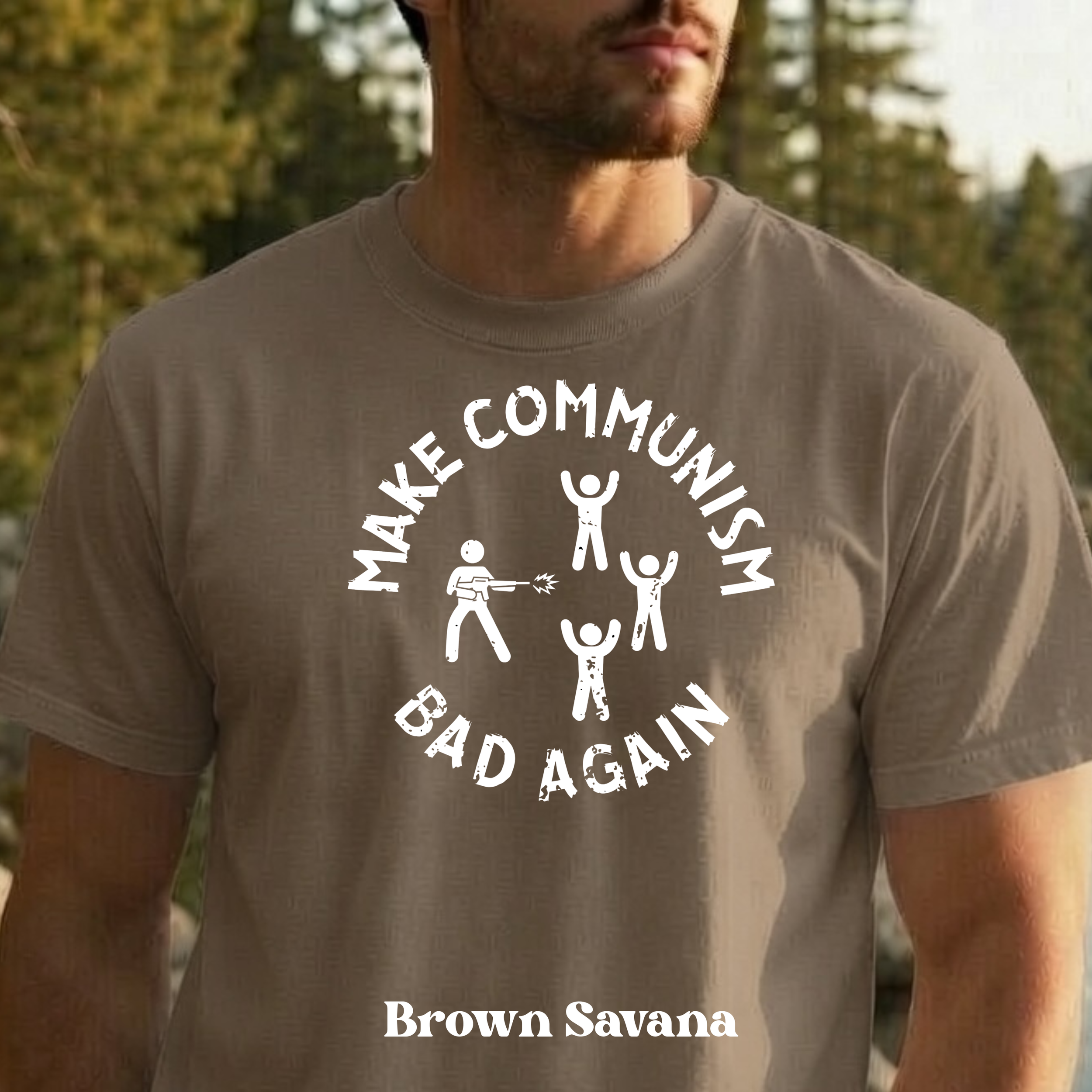 Make Communism Bad Again minimalist round up design on brown savana t-shirt
