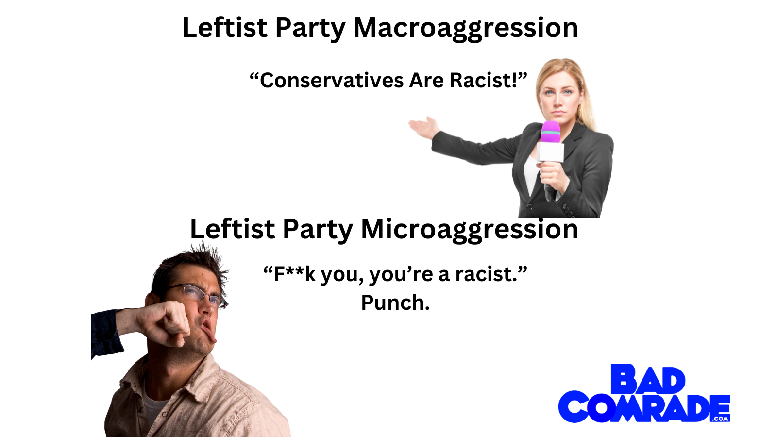 Comparison of leftist party macroaggression and microaggression with photos of a woman reporting and a man protesting, and logo 'Bad Comrade' at bottom right.