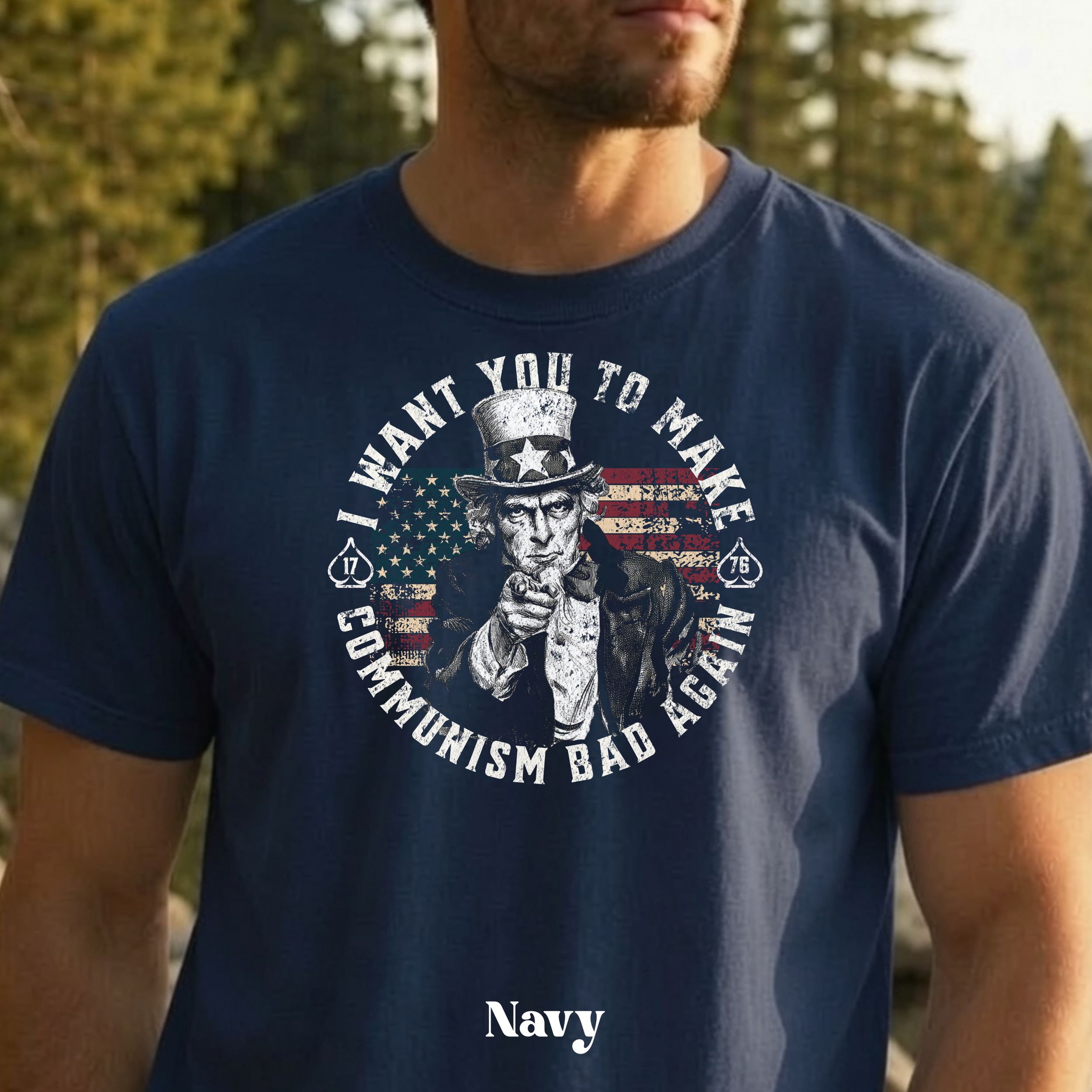 Make Communism Bad Again Uncle Sam design on navy t-shirt
