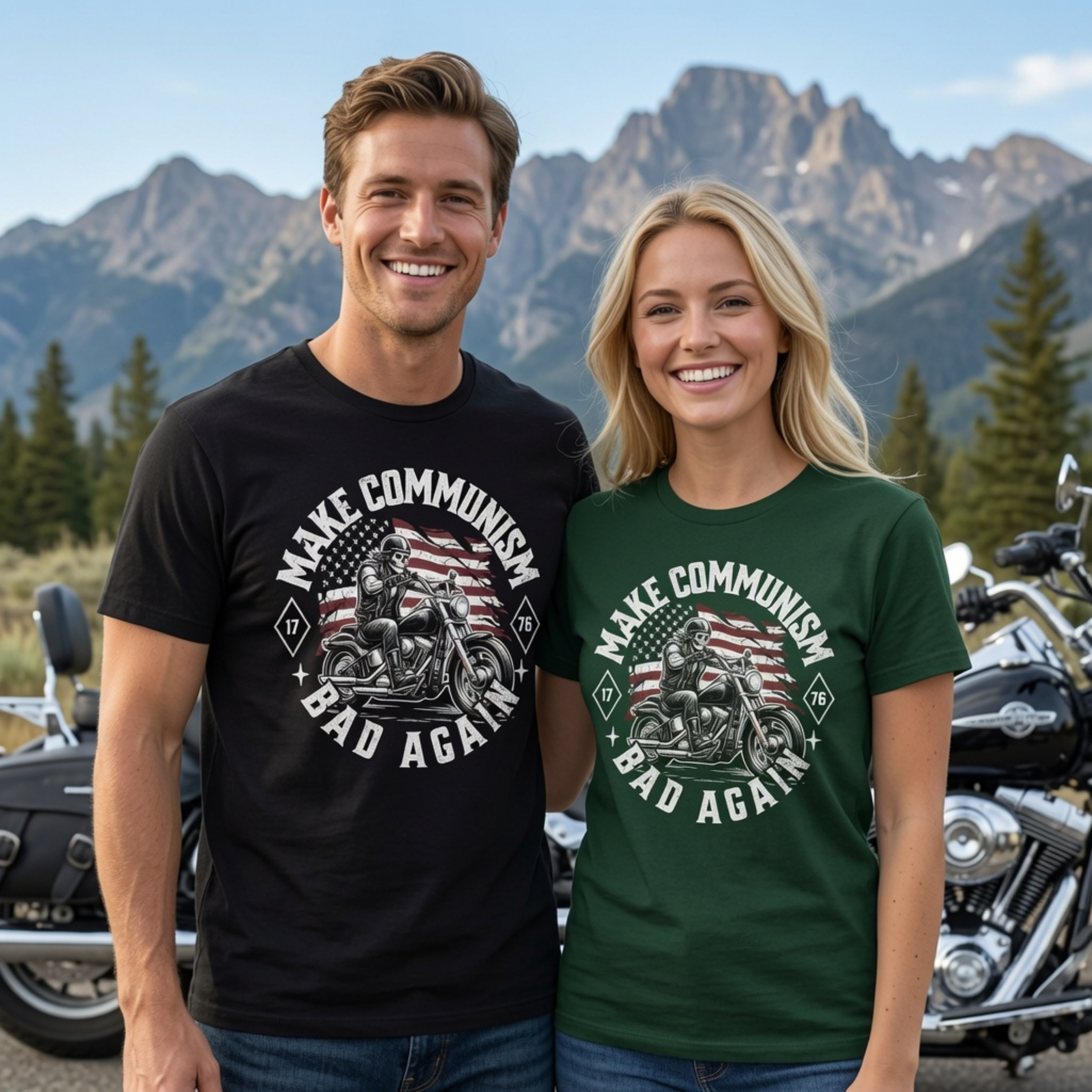 Couple wearing Make Communism Bad Again vintage knockout biker t-shirt