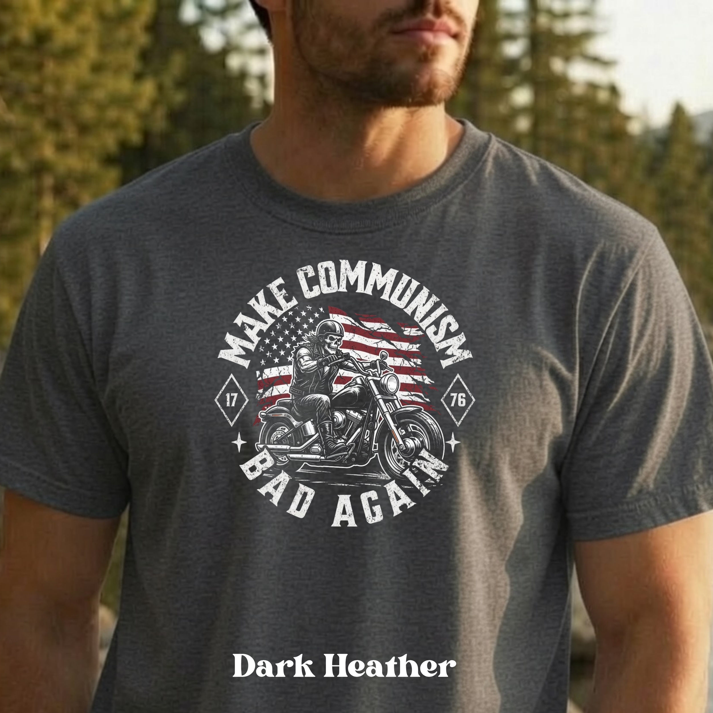 Make Communism Bad Again vintage knockout biker design on dark heather t-shirt