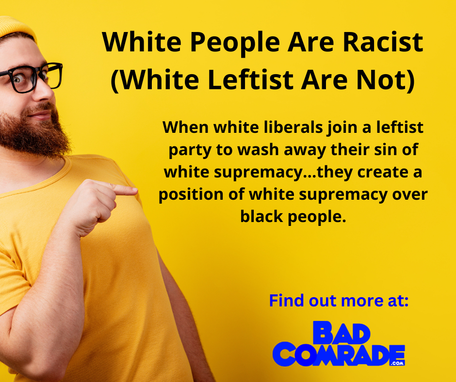 A man with a beard, glasses, and a yellow shirt pointing to a yellow background with text about racism and white supremacy.