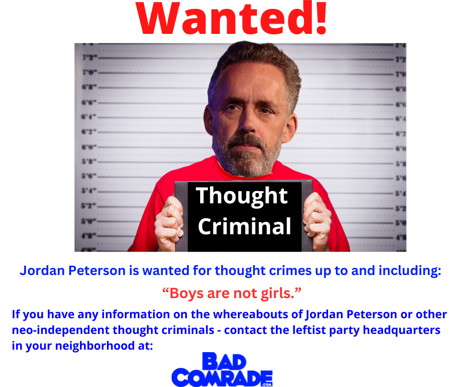 Wanted poster featuring a man with a beard and gray hair, in a police mugshot style, holding a sign that says "Thought Criminal". The poster has a red "Wanted!" label at the top and contact information at the bottom.