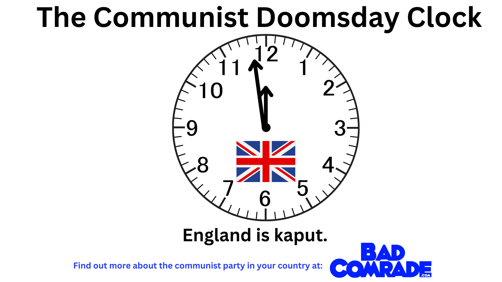 An illustration of a clock titled 'The Communist Doomsday Clock' with the time set to 11:55. The clock features a British flag at the center and the text 'England is kaput.' Below, there is a message in blue text: 'Find out more about the communist party in your country at:' followed by a blue logo that reads 'BAD COMRADE' with '.com' in smaller font.