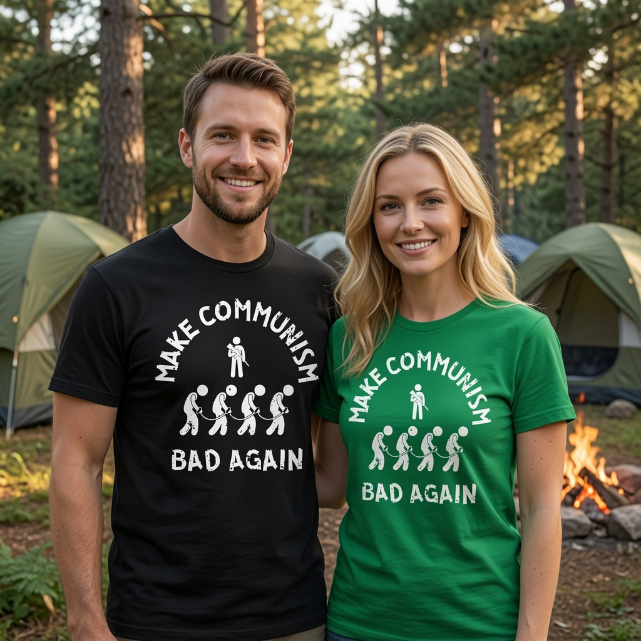 Couple Wearing A Make Communism Bad Again minimalist design showing communist slavery on t-shirt