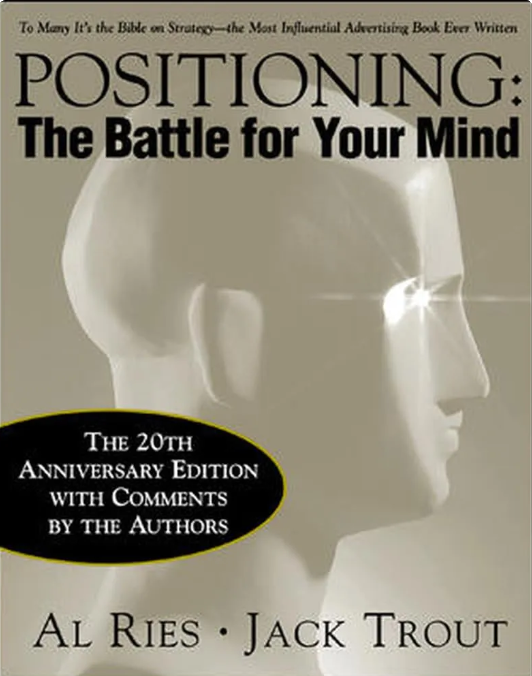 Book cover titled 'Positioning: The Battle for Your Mind' by Al Ries and Jack Trout. Features a profile of a mannequin head in beige tones with a bright light glare on the eye area.
