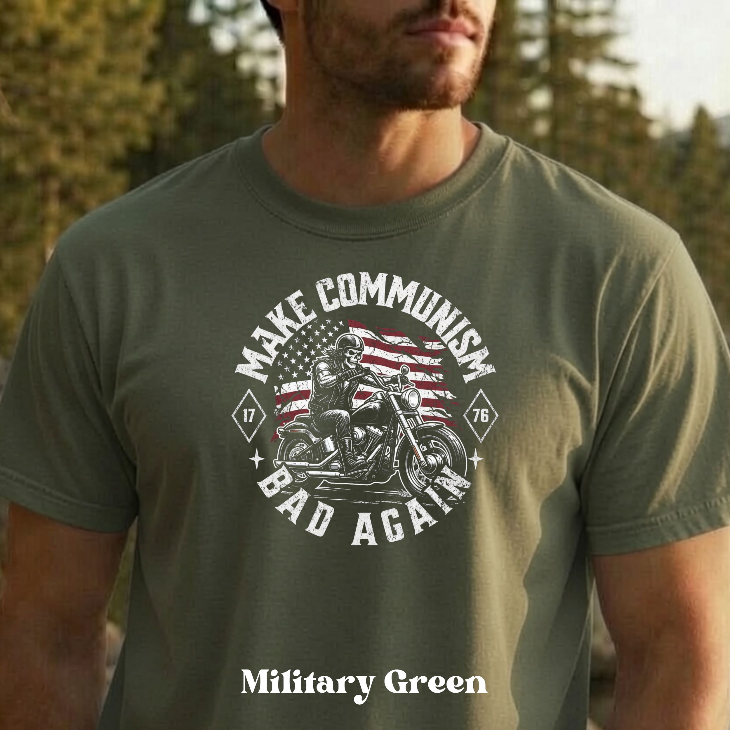 Make Communism Bad Again vintage knockout biker design on military green t-shirt