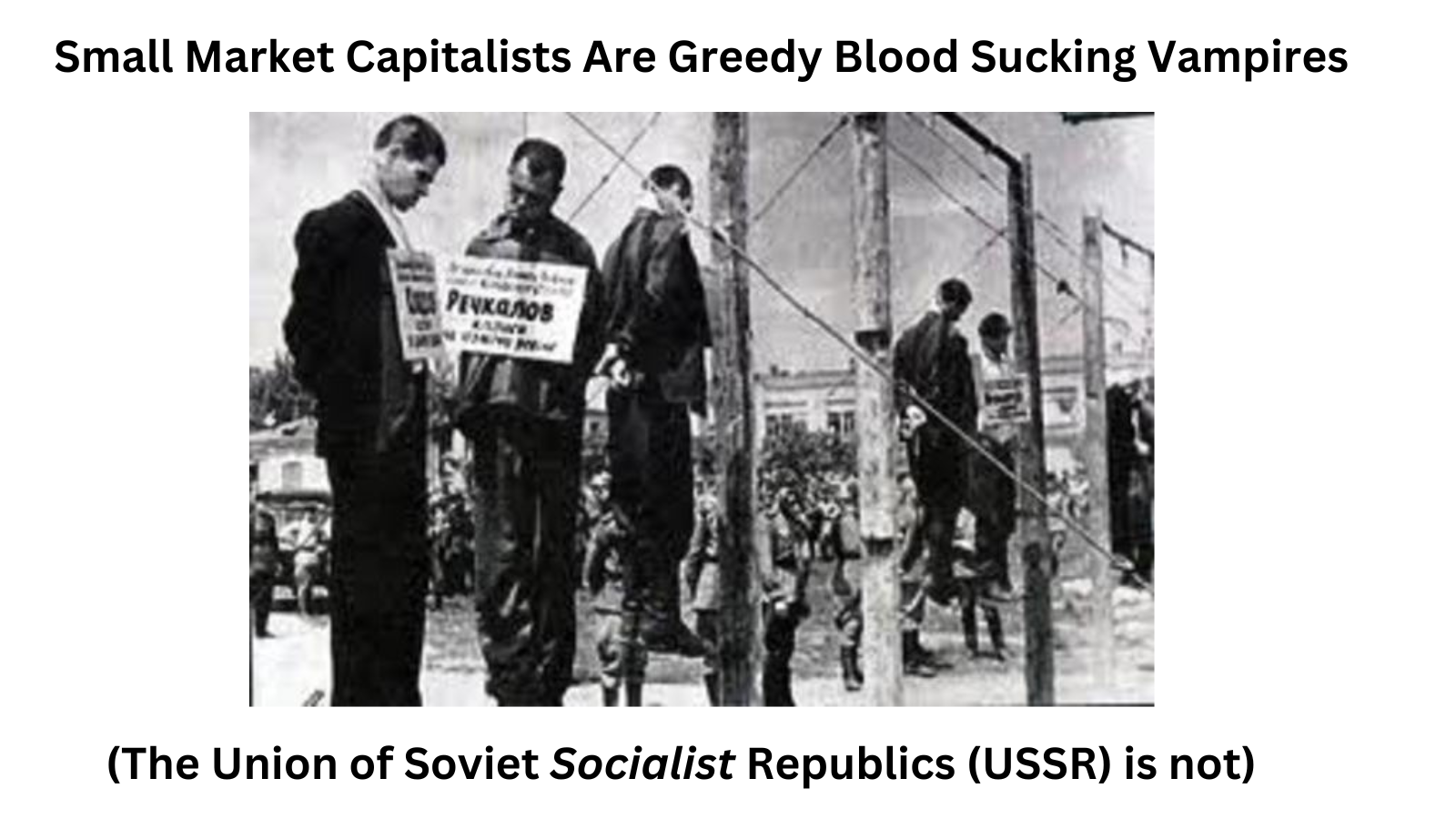 A black and white historical photo depicting people standing behind a barbed wire fence with signs, likely during a protest or demonstration, with text indicating a critique of the USSR.