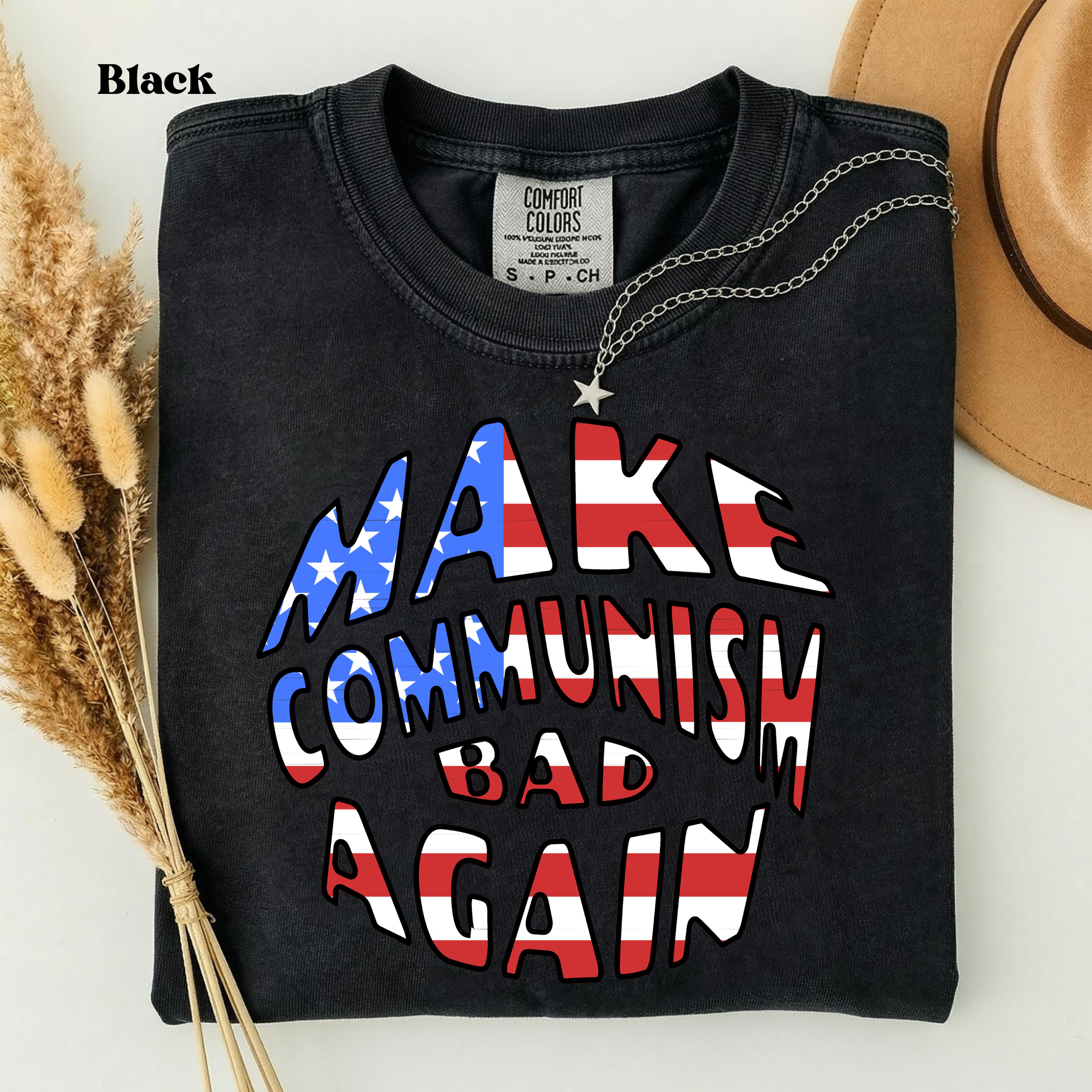 Comfort Black Colors 1717 t-shirt featuring the Make Communism Bad Again design with American flag stars and stripes lettering