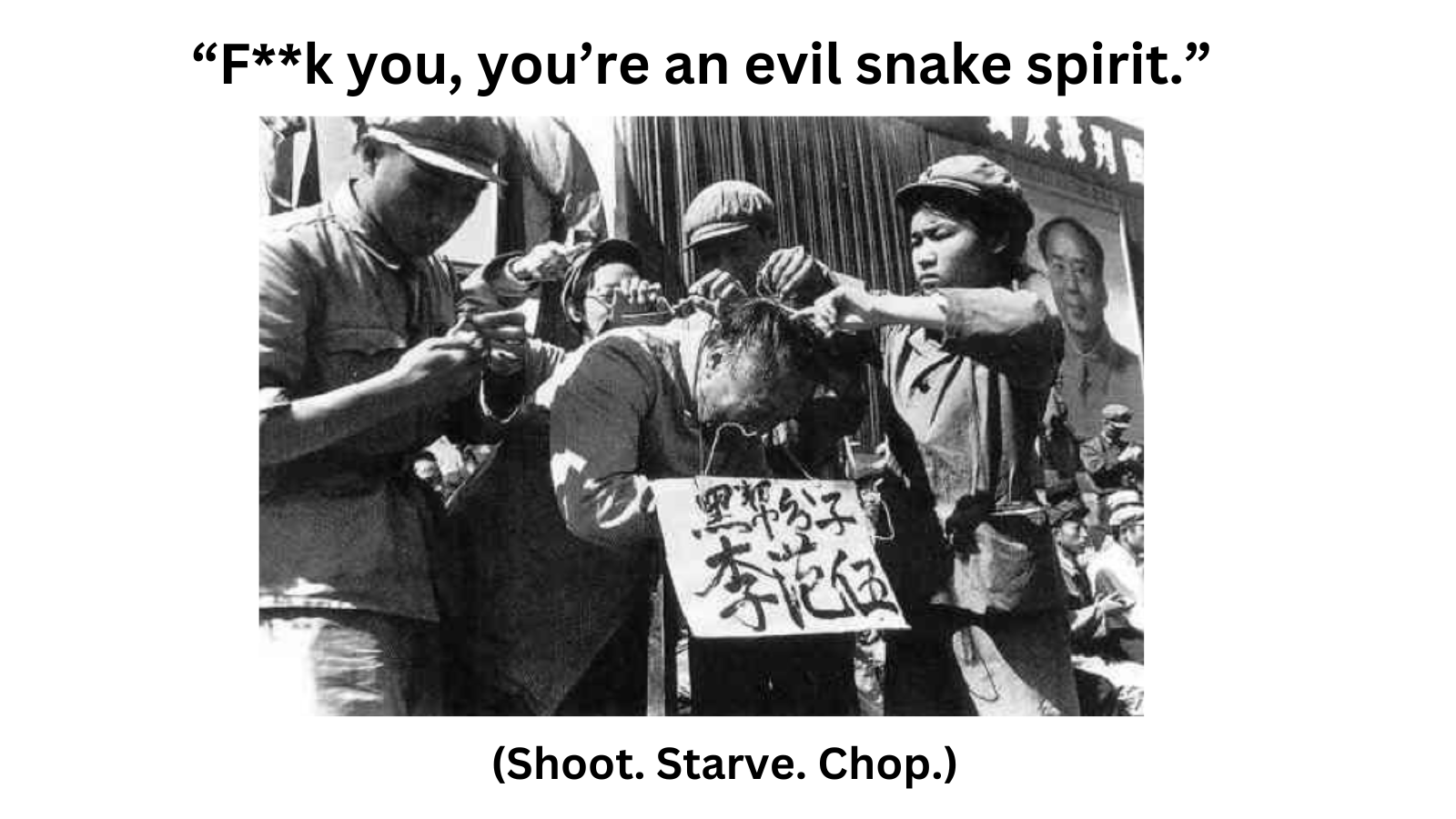 A black-and-white photograph showing a person being assaulted by several others with raised weapons, while holding a sign with Chinese characters. The image depicts a scene of violence and suppression, with a caption above that reads, "F**k you, you're an evil snake spirit." and a note below stating, "Shoot. Starve. Chop.".