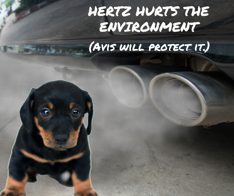 A black and tan puppy standing in front of a car's exhaust pipe, with a message about environmental protection.