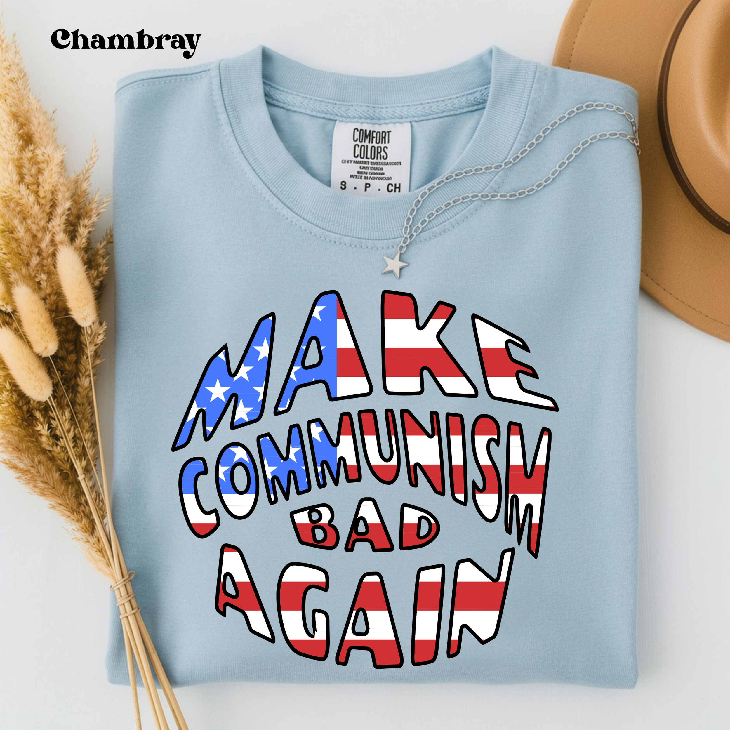 Chambray Comfort Colors 1717 t-shirt featuring the Make Communism Bad Again design with American flag stars and stripes lettering