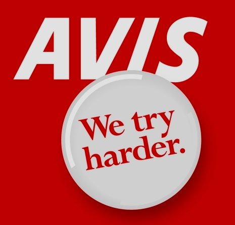 AVIS logo with a white circular badge saying 'We try harder.' on a red background.