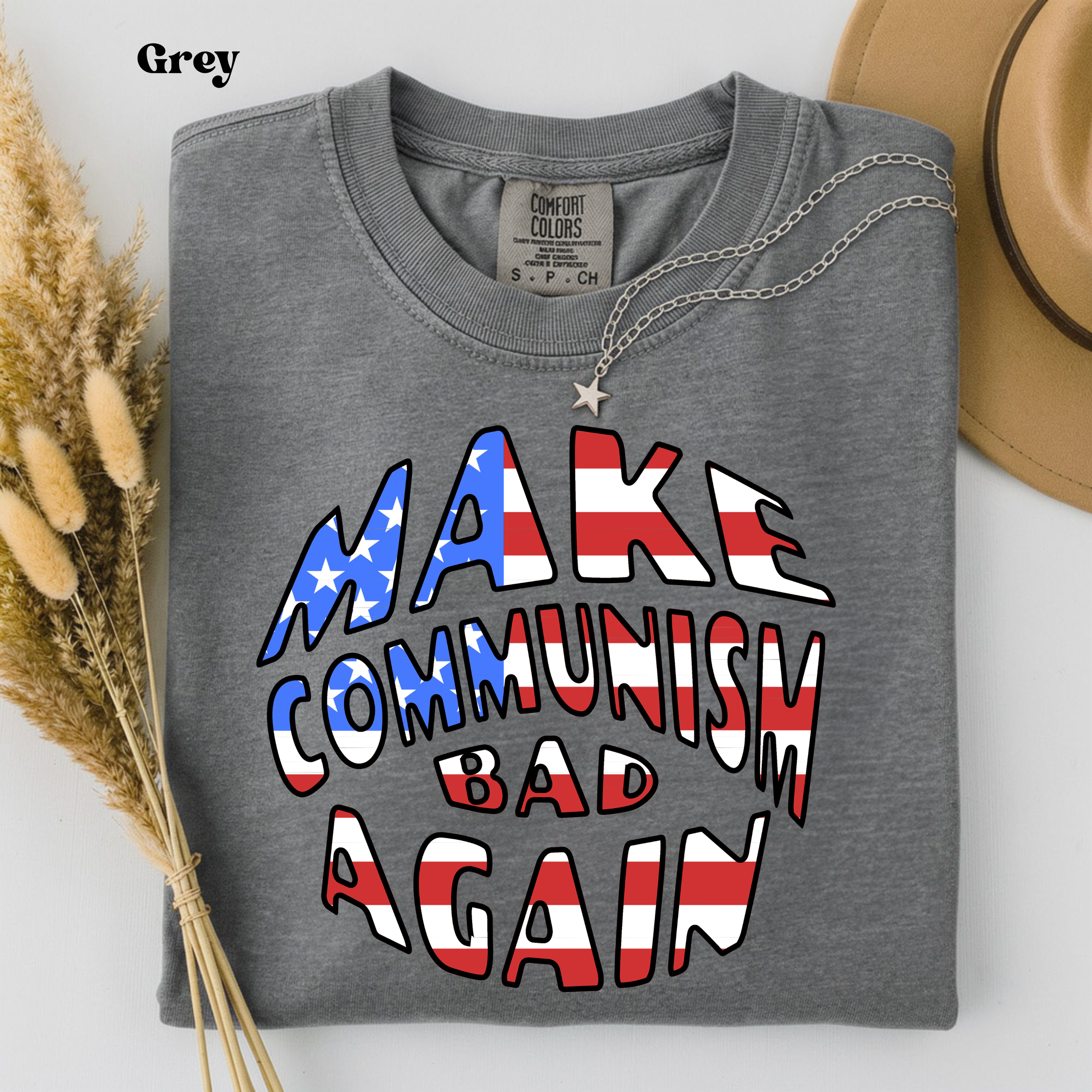 Grey Comfort Colors 1717 t-shirt featuring the Make Communism Bad Again design with American flag stars and stripes lettering