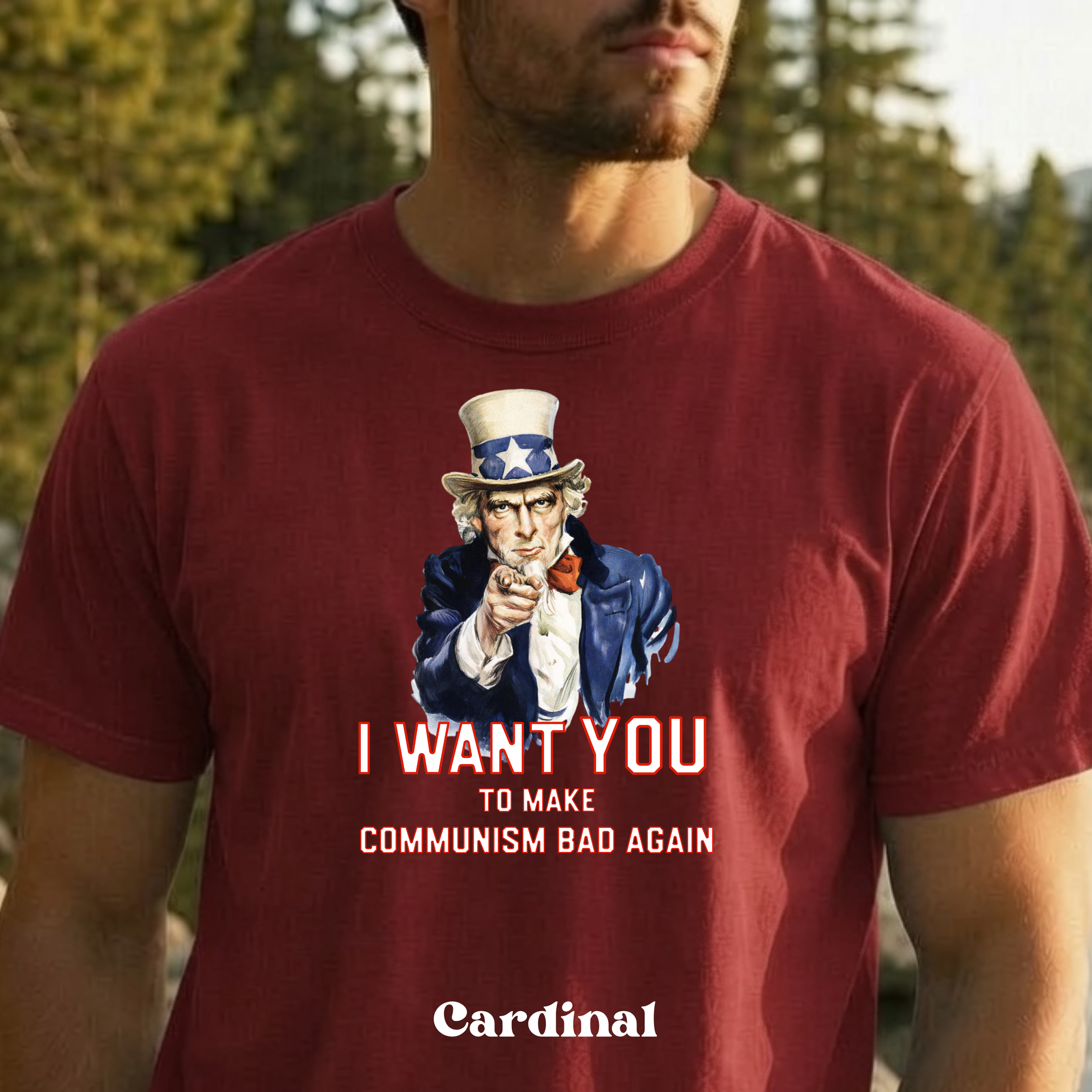 Classic Uncle Sam Make Communism Bad Again design on cardinal t-shirt