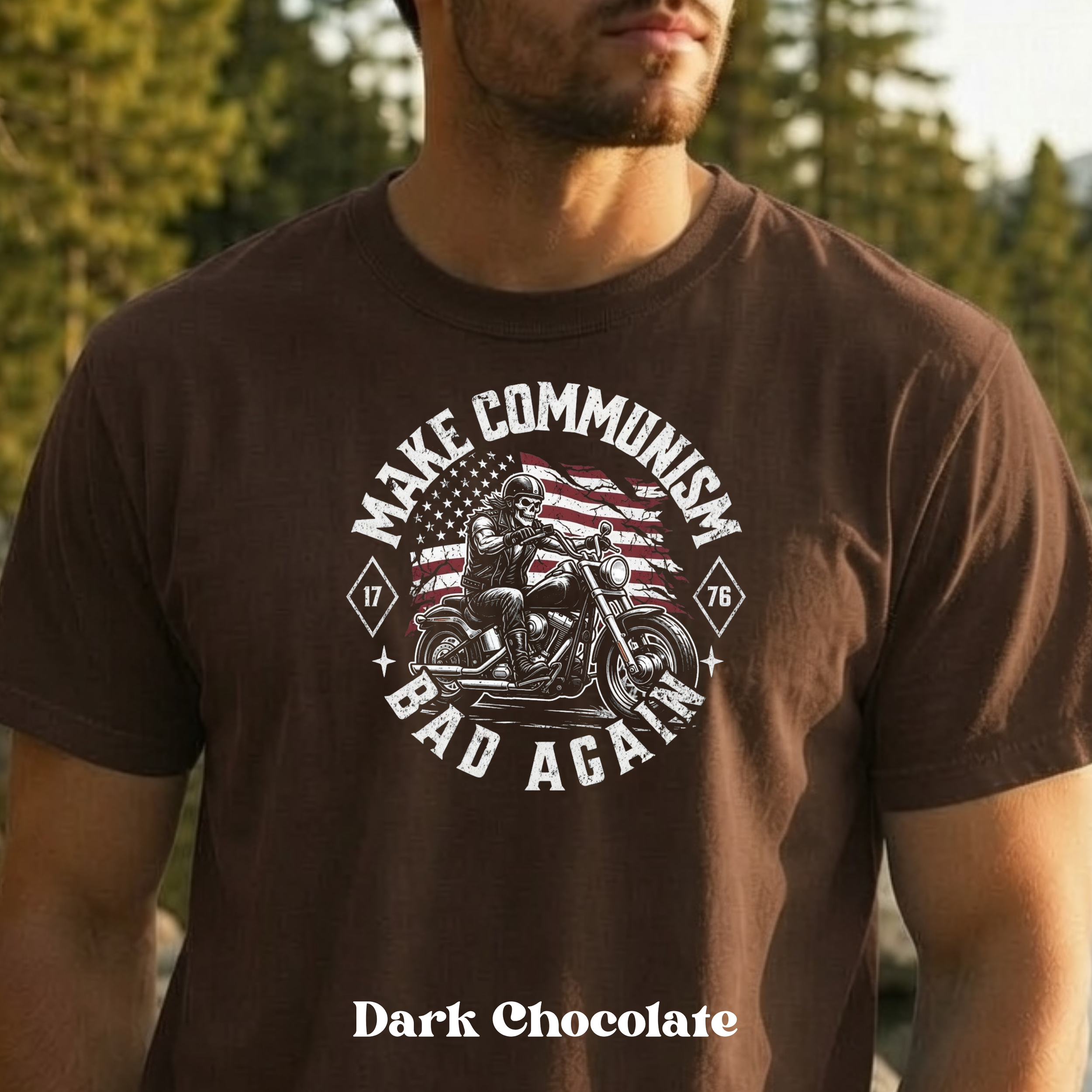 Make Communism Bad Again vintage knockout biker design on dark chocolate t-shirt