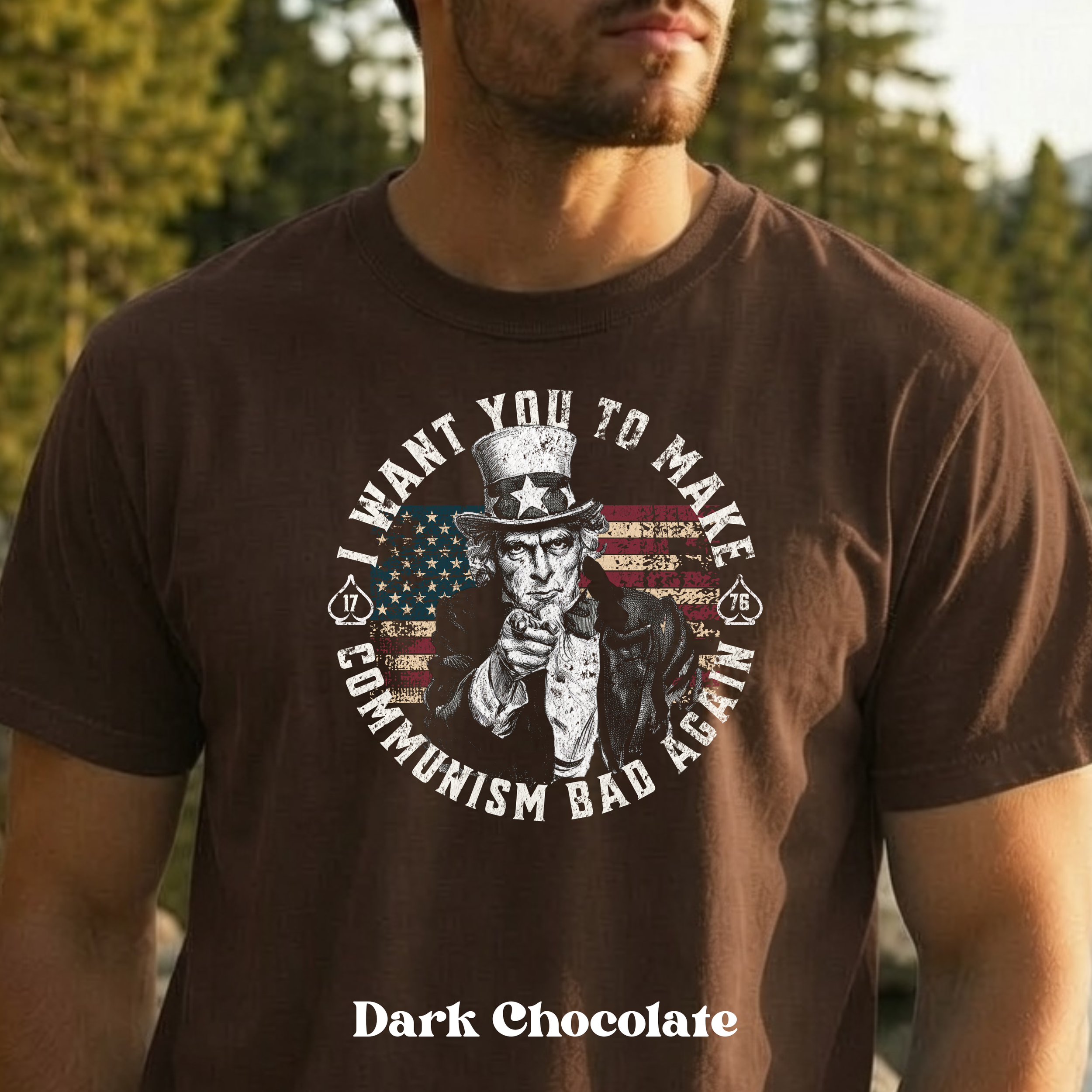 Make Communism Bad Again Uncle Sam design on dark chocolate t-shirt