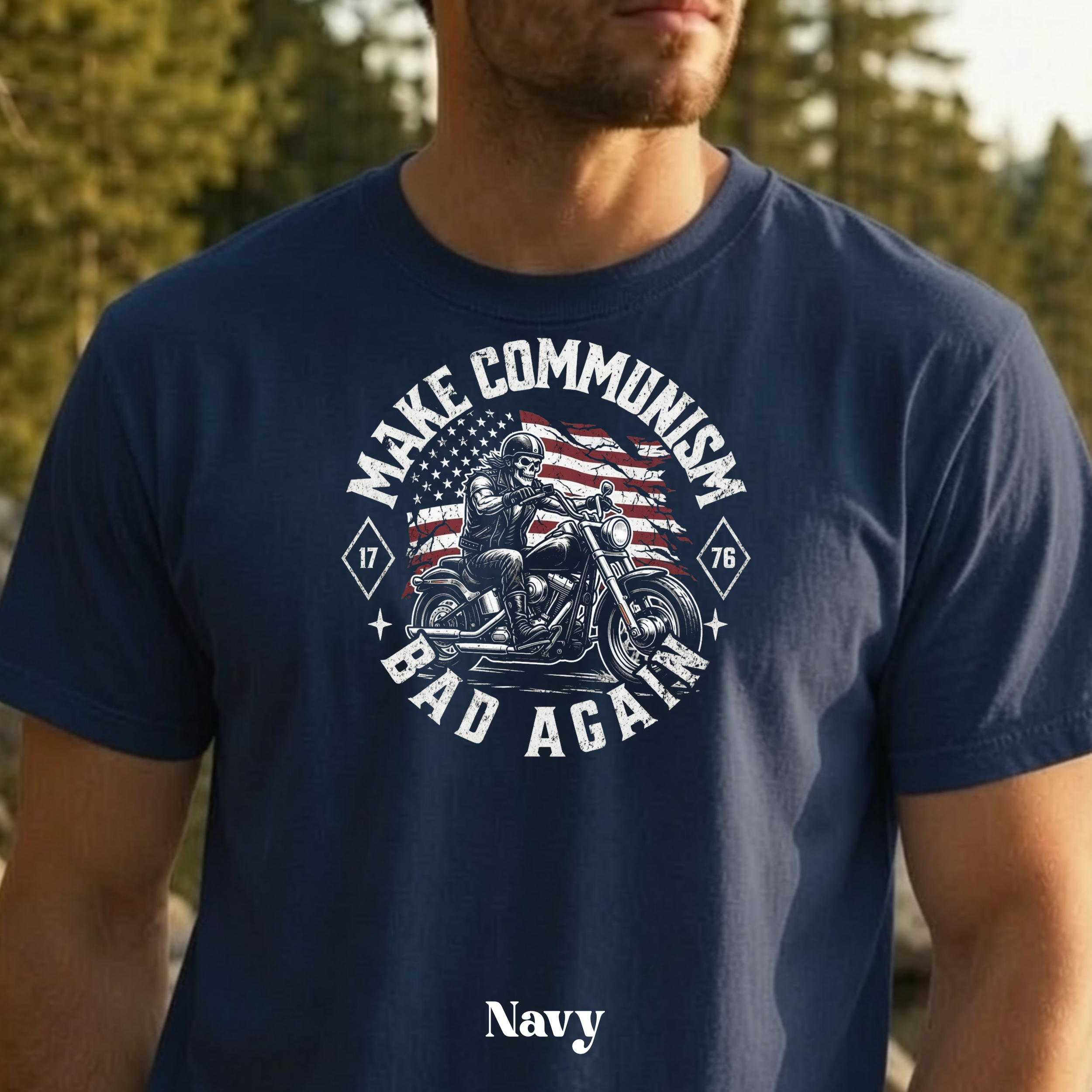 Make Communism Bad Again vintage knockout biker design on navy t-shirt