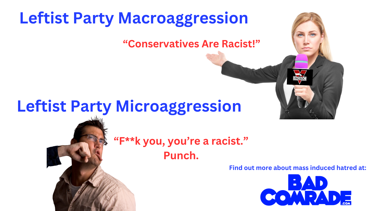 A digital graphic comparing leftist party macroaggression, showing a woman reporter with blonde hair in a black suit holding a microphone, and leftist party microaggression, showing a man with glasses and dark hair, making a fist. The macroaggression text states, 'Conservatives Are Racist!' in red, and the microaggression text states, 'F**k you, you're a racist.' Punch' in red. The image includes a logo for BadC0mmade and a note to find out more about mass-induced hatred at BadC0mmade.com.